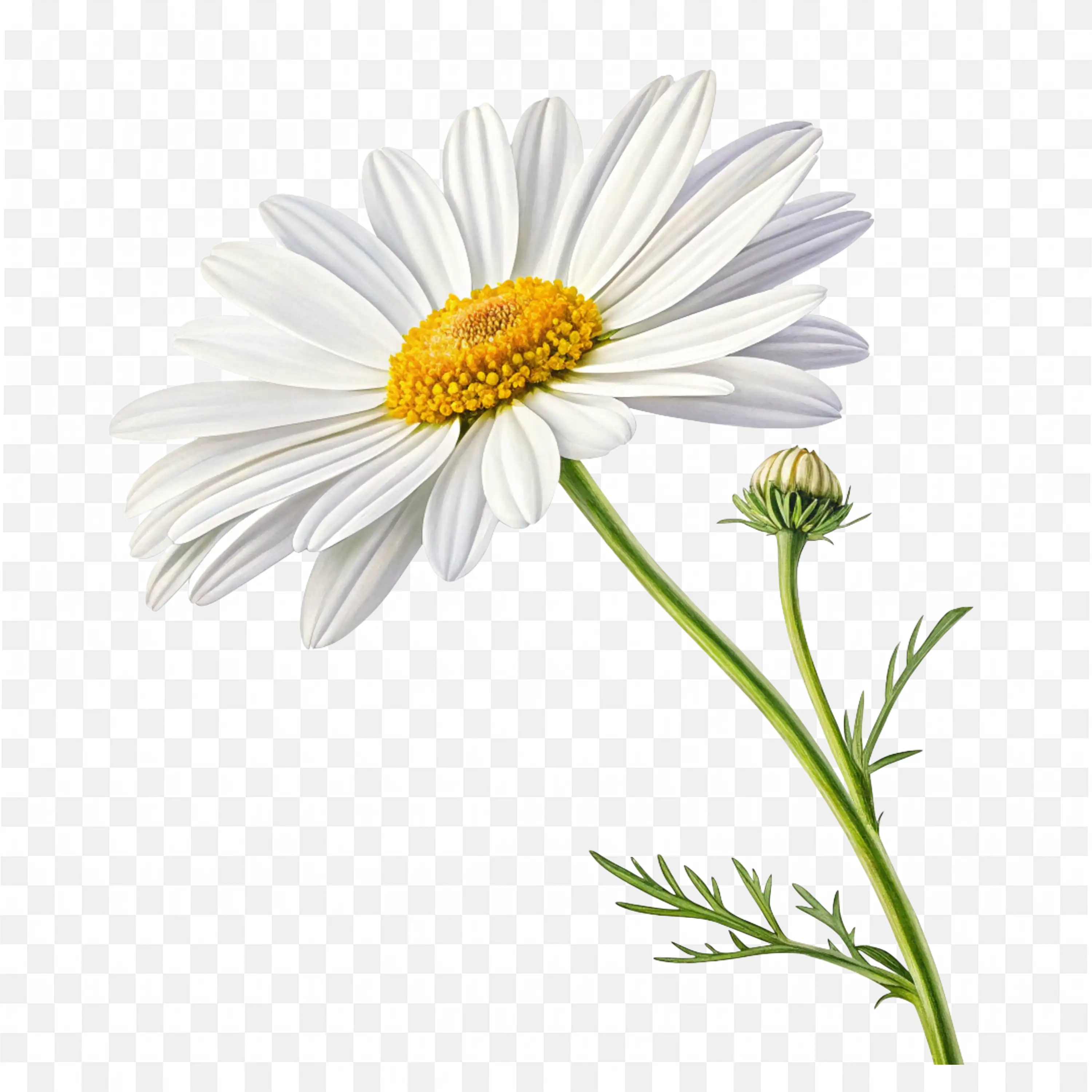 White Daisy with Stem PNG Realistic Floral Botanical Art