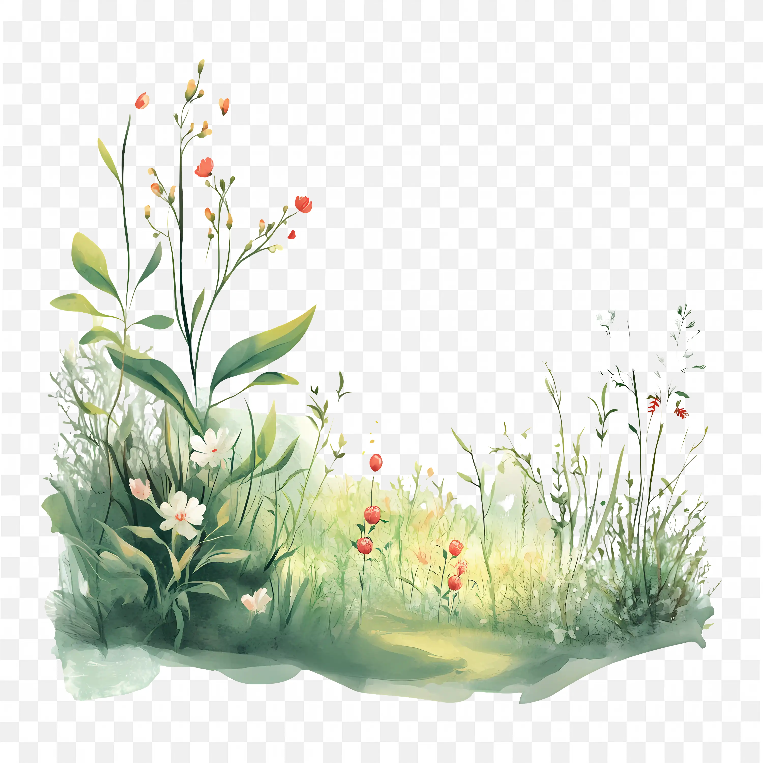 Wildflowers and Grass PNG Nature Clip Art Soft Meadow Scene