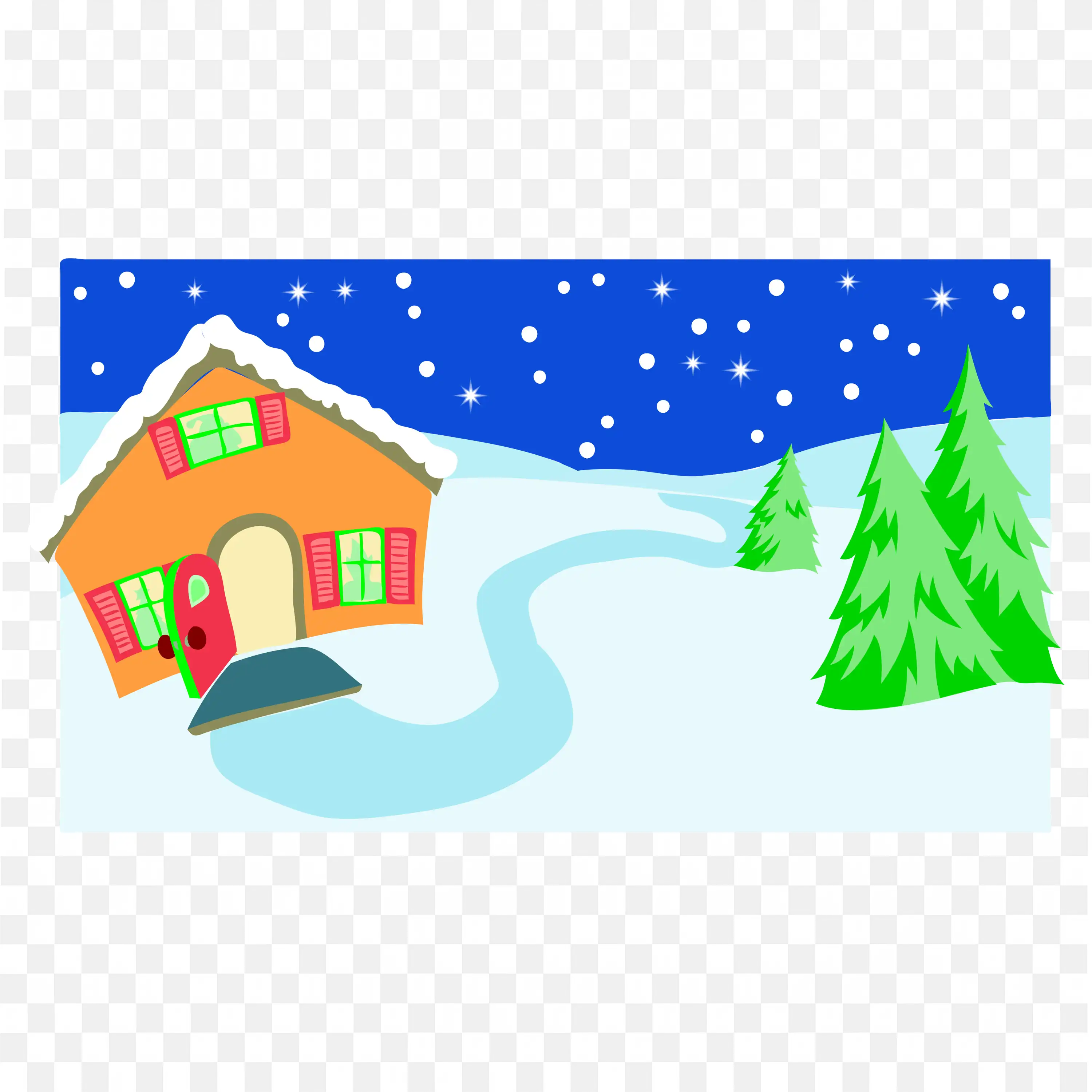 Winter House in Snow Landscape Night Scene PNG Clipart