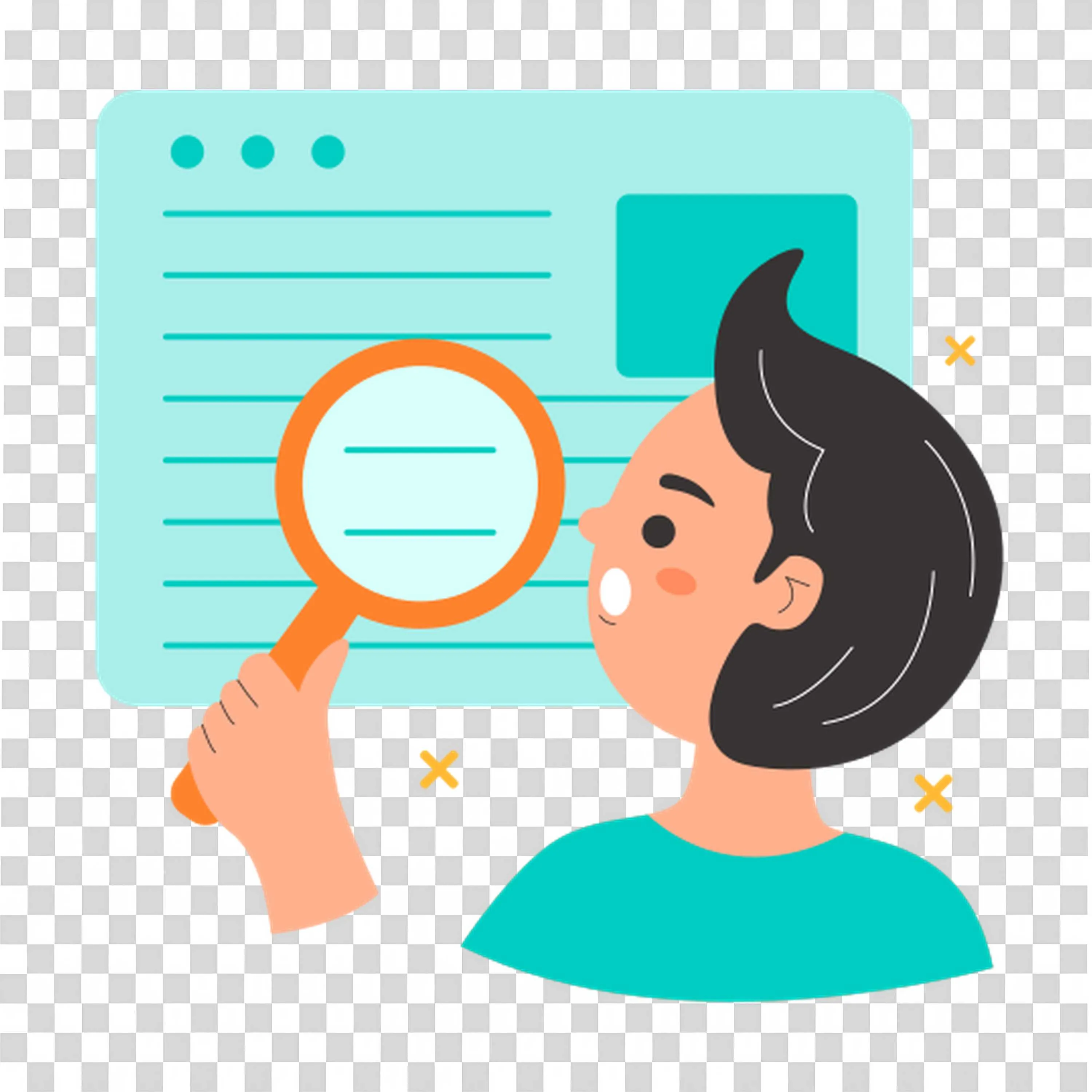 Woman Examining Document with Magnifying Glass Icon