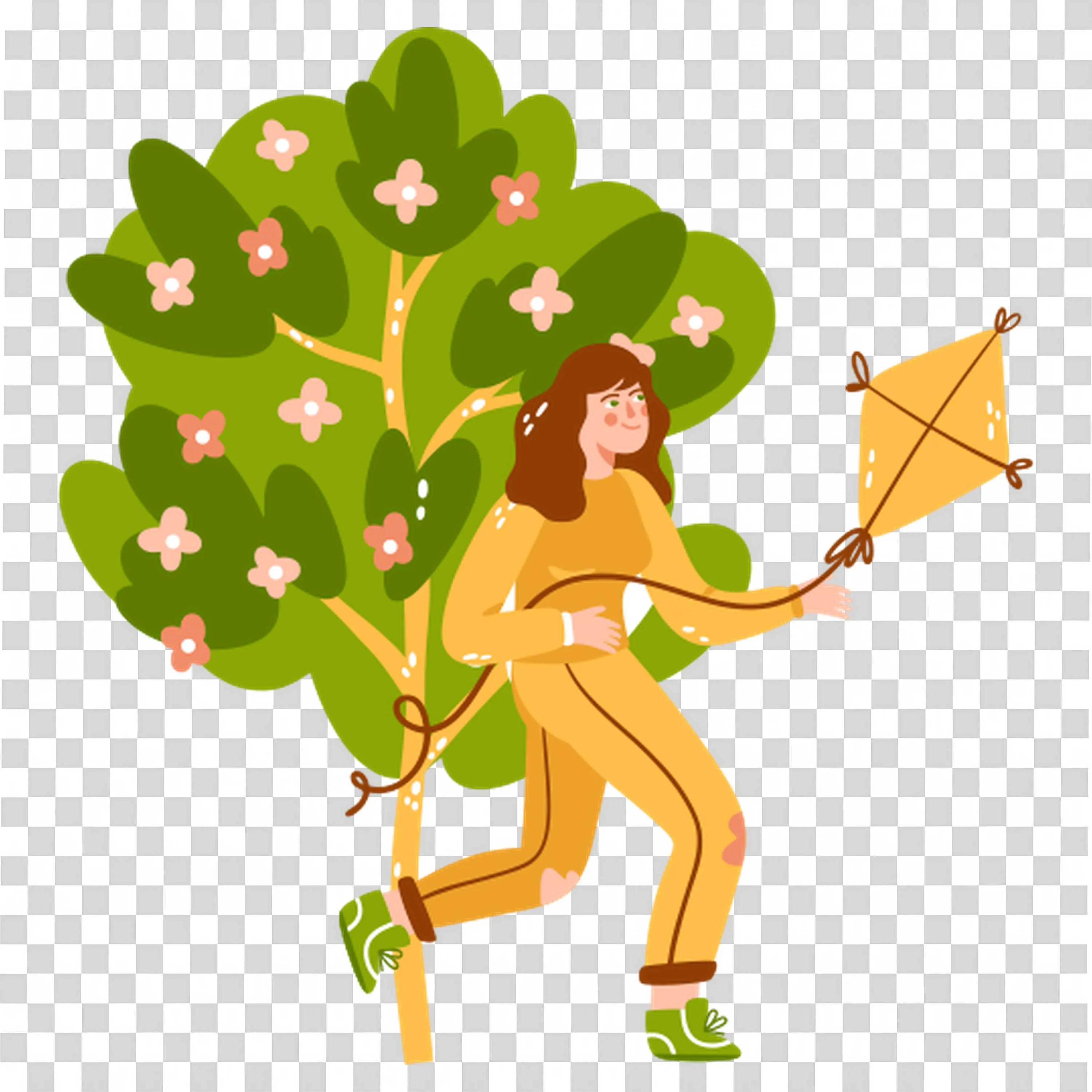 Woman Flying Kite Beside Blooming Flower Tree Free PNG