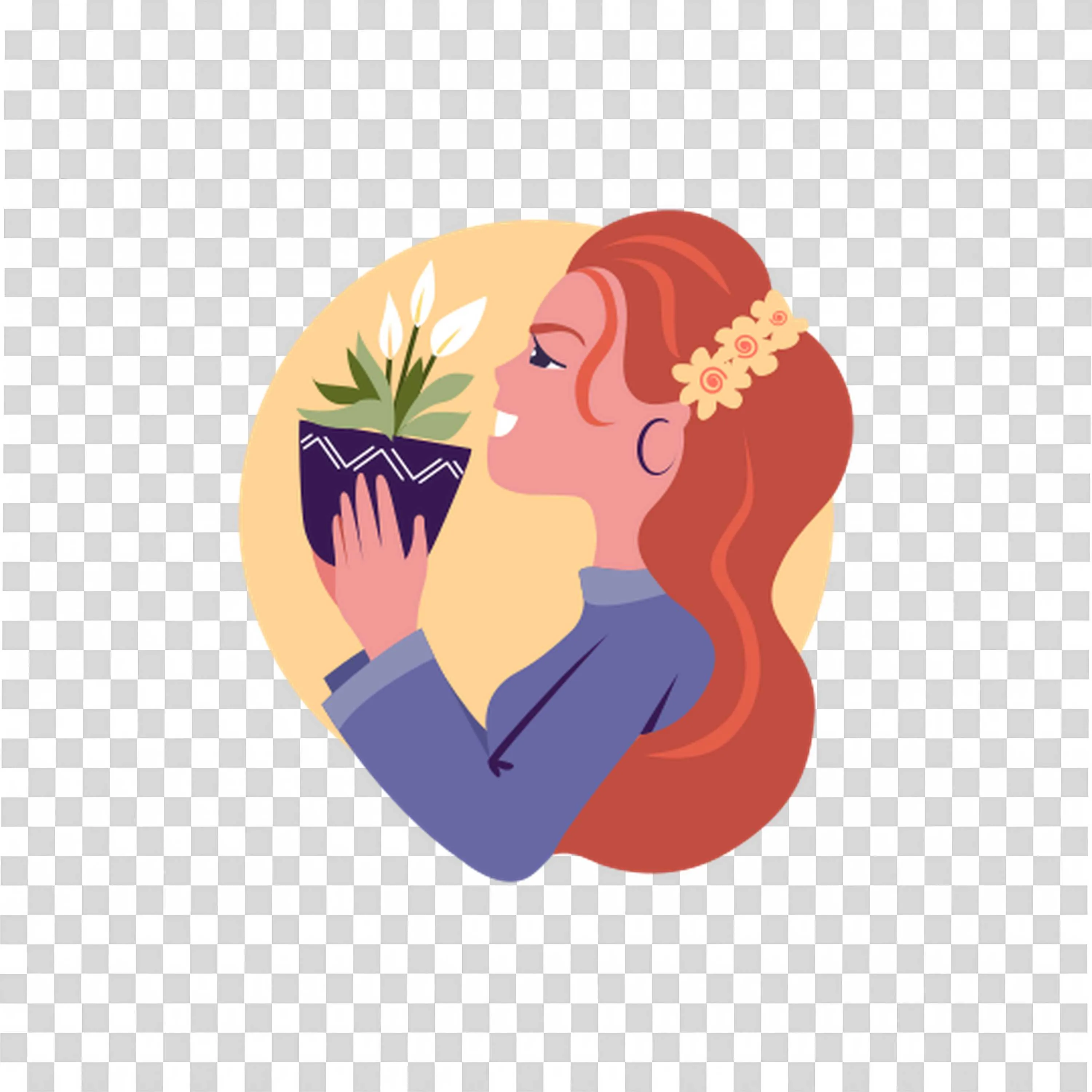 Woman Holding Potted Plant and Smelling It with Joy PNG