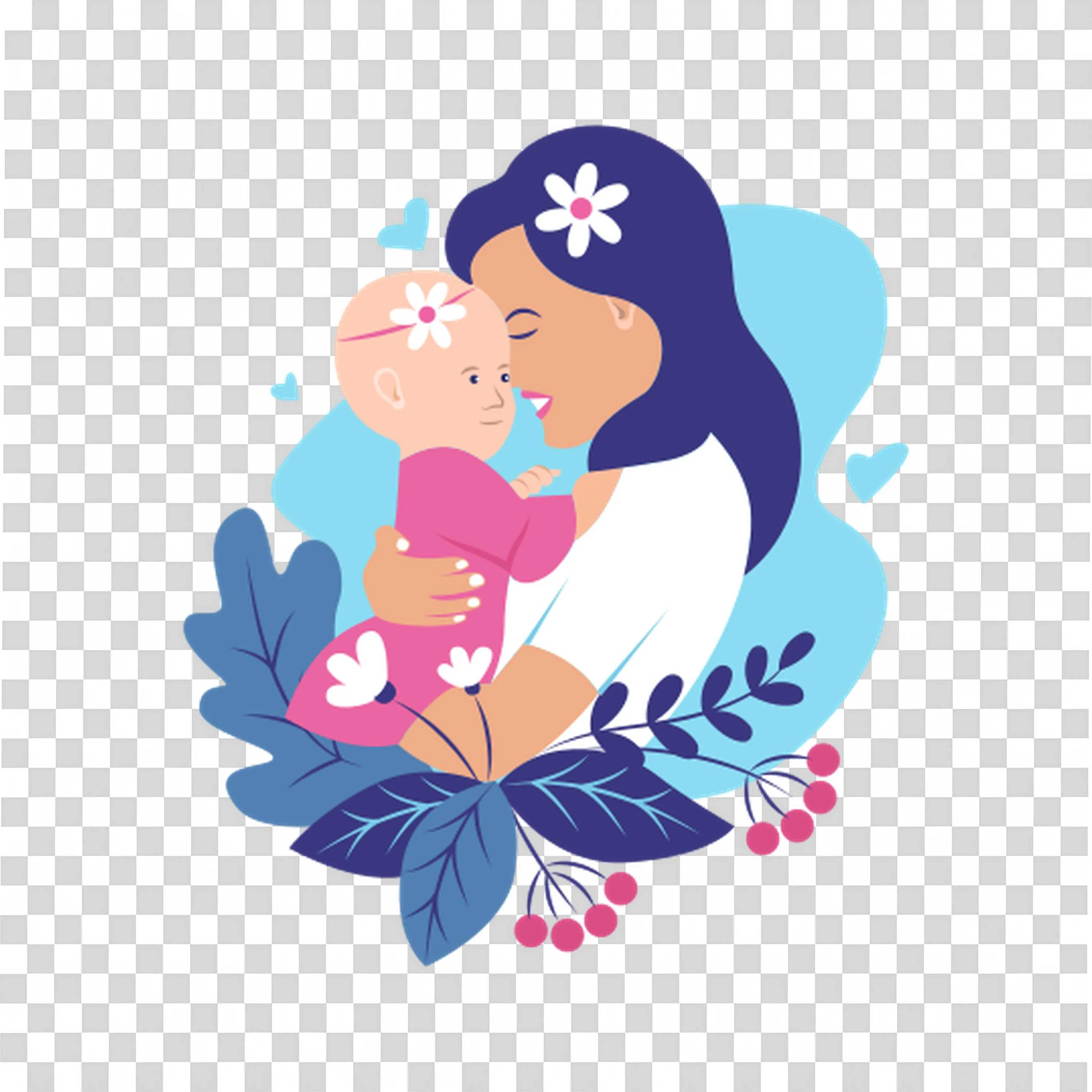 Woman Hugging Child with Flowers and Peace Sign PNG