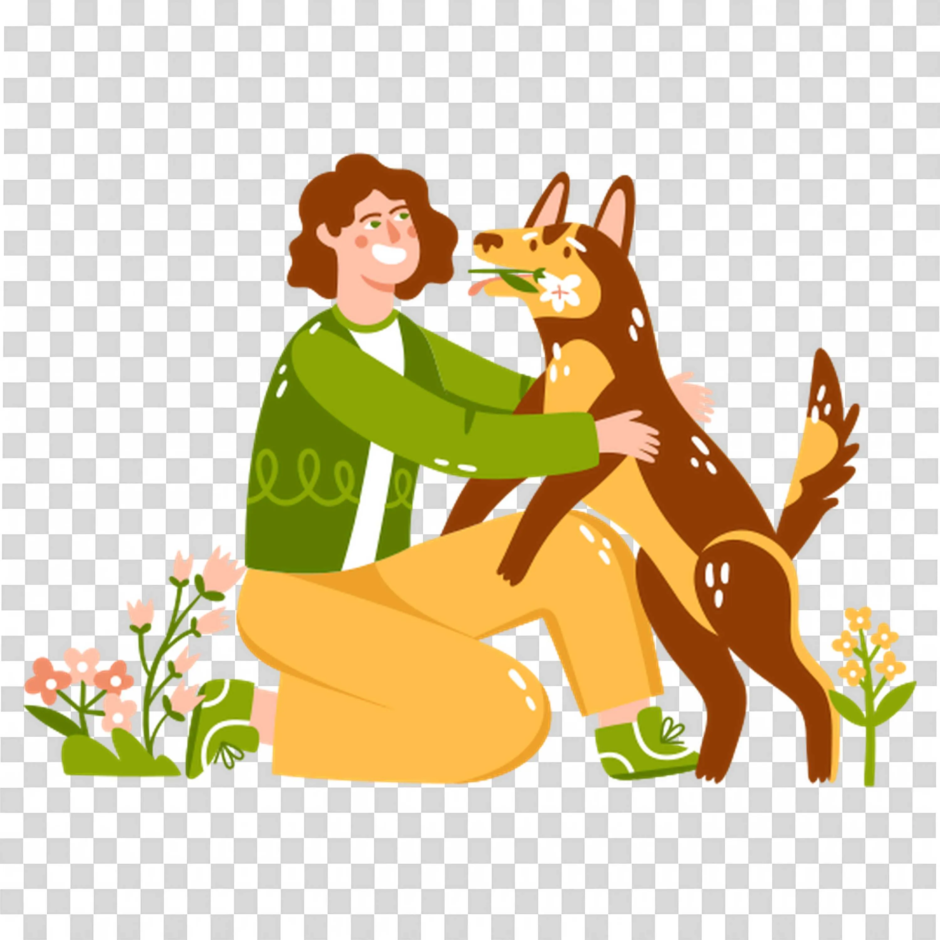 Woman Hugging Dog with Flowers and Grass in the Background
