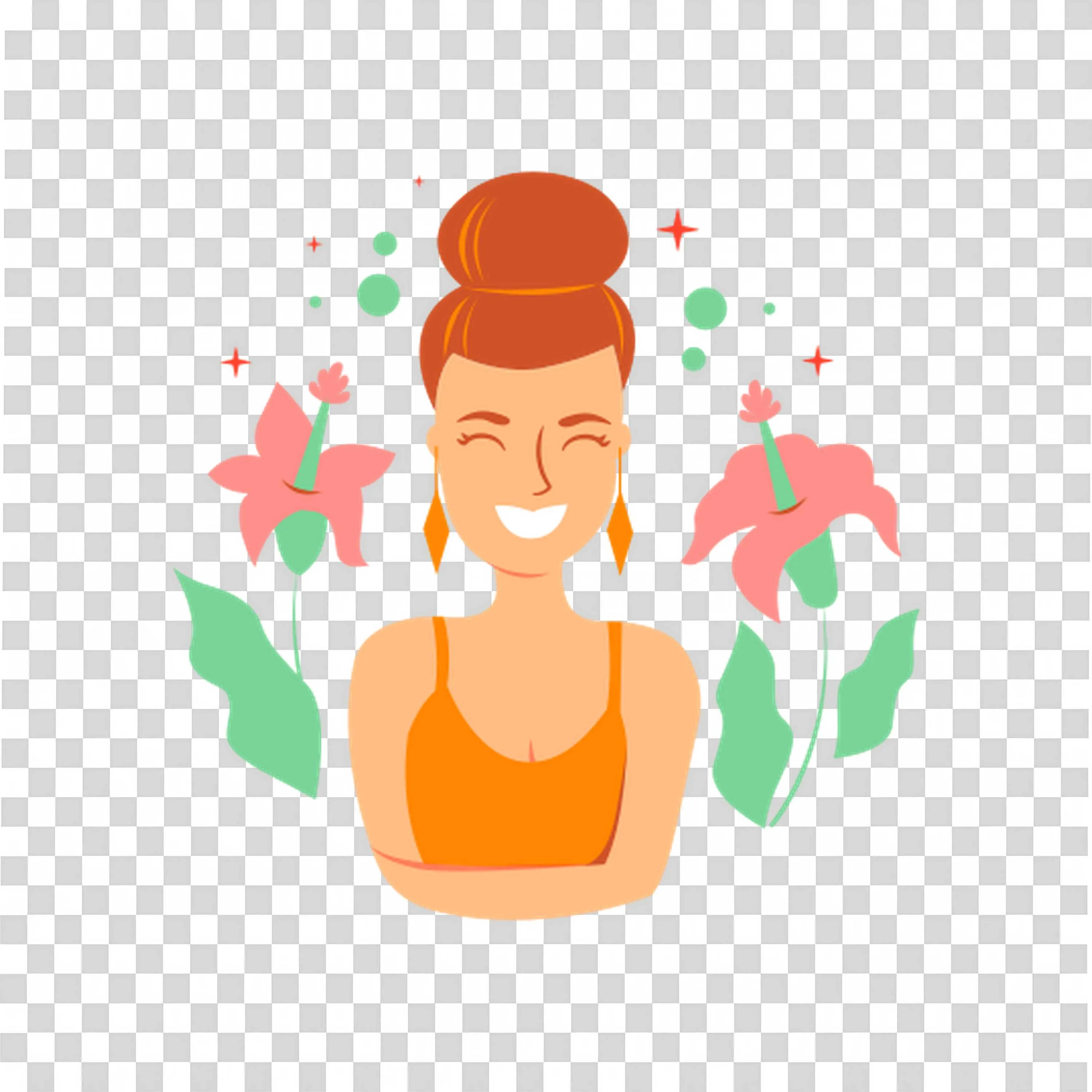 Woman Smiling Peacefully with Green Leaves and Flowers