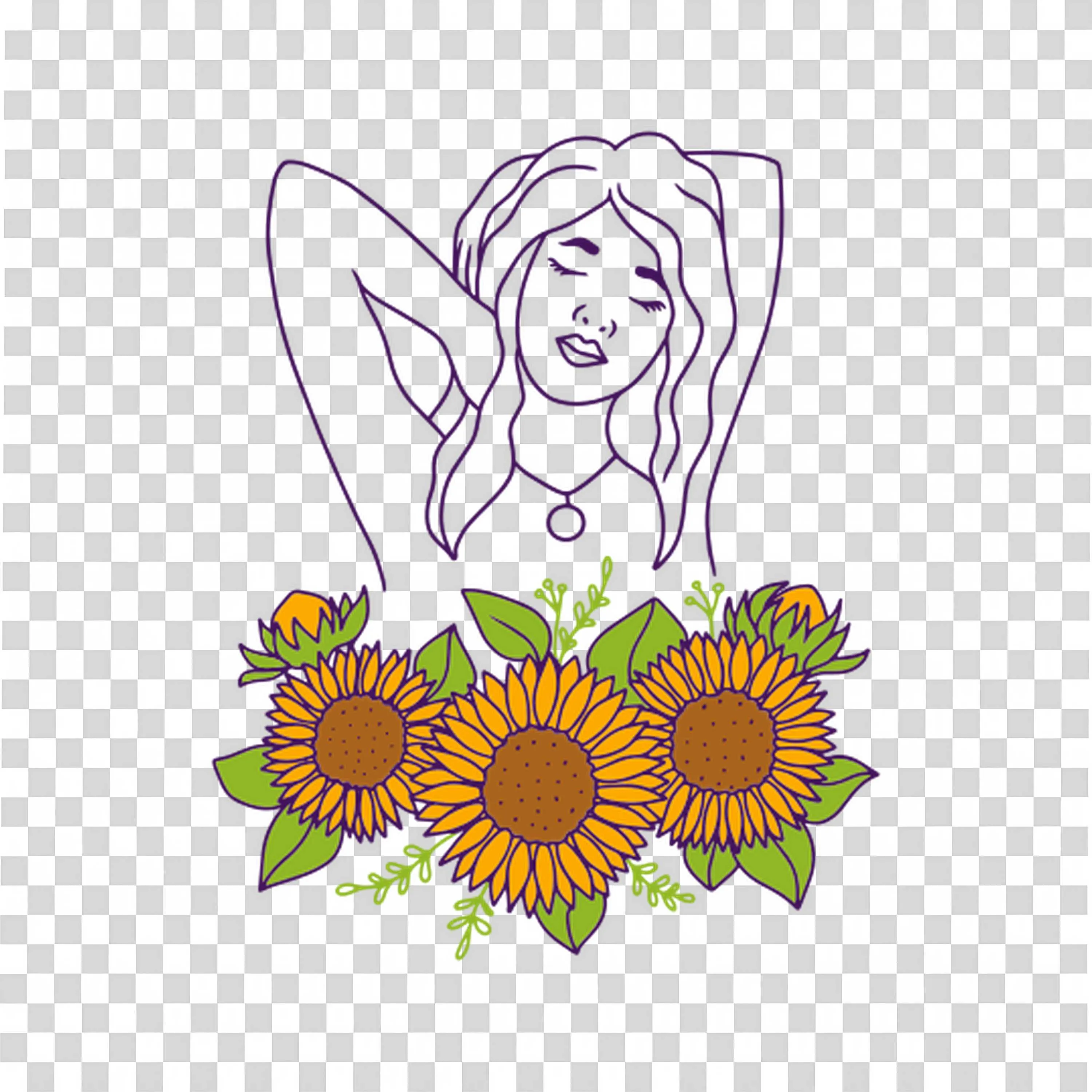 Woman Surrounded By Sunflowers in Line Drawing PNGImage