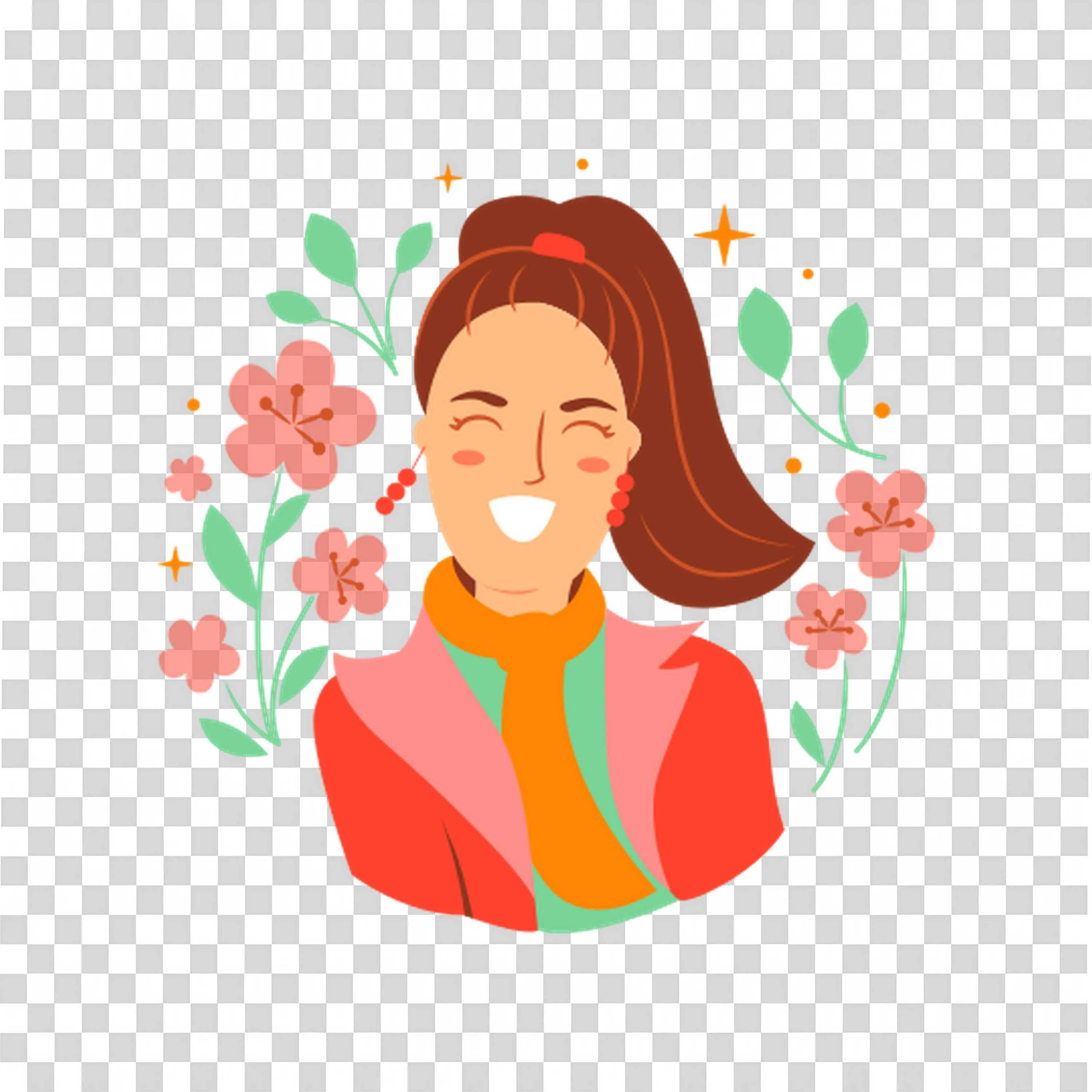 Woman with Flower Background and Orange Dress PNGImage