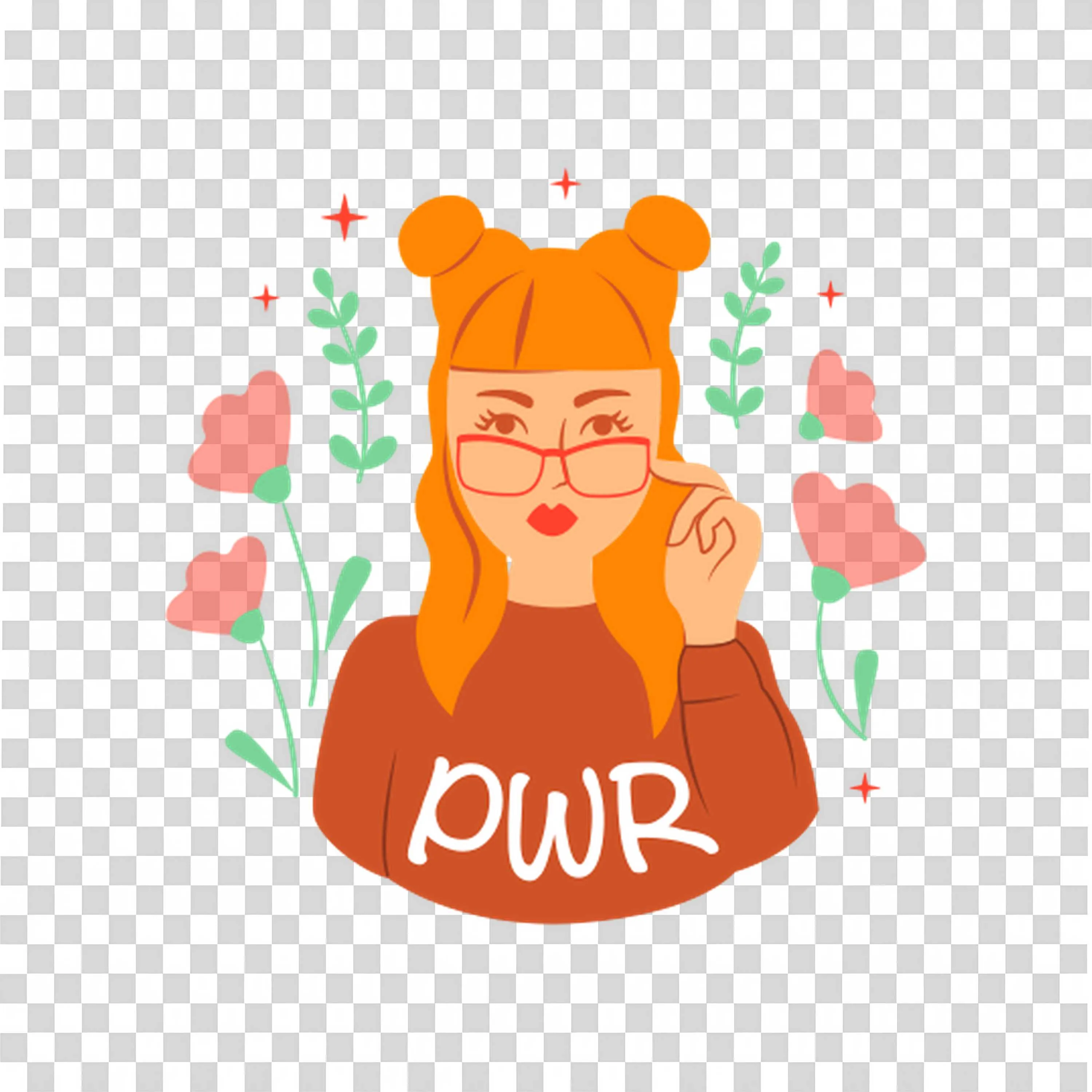 Woman with Red Hair Surrounded By Flowers and Text