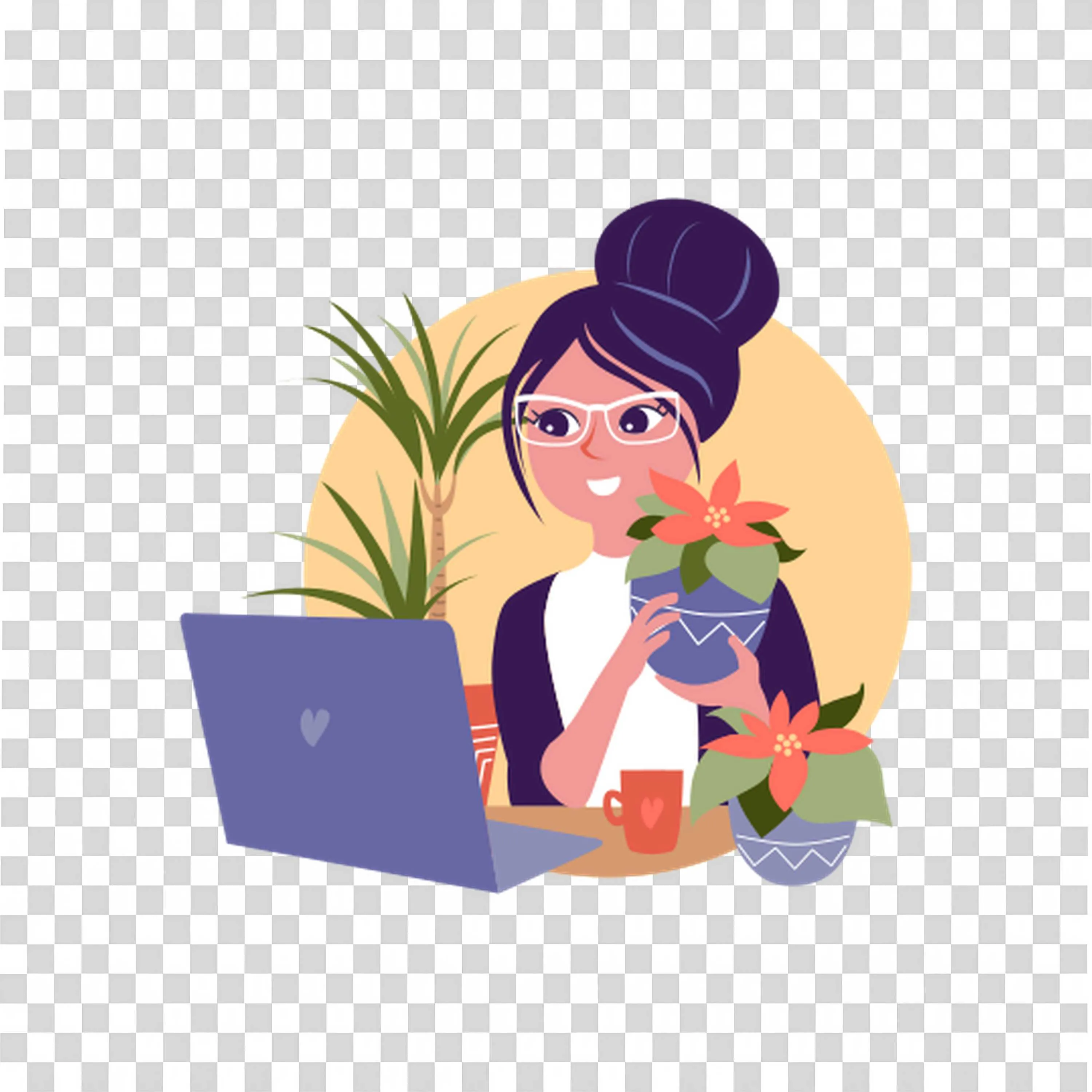 Woman Working on Laptop with Plants Nearby and Smile