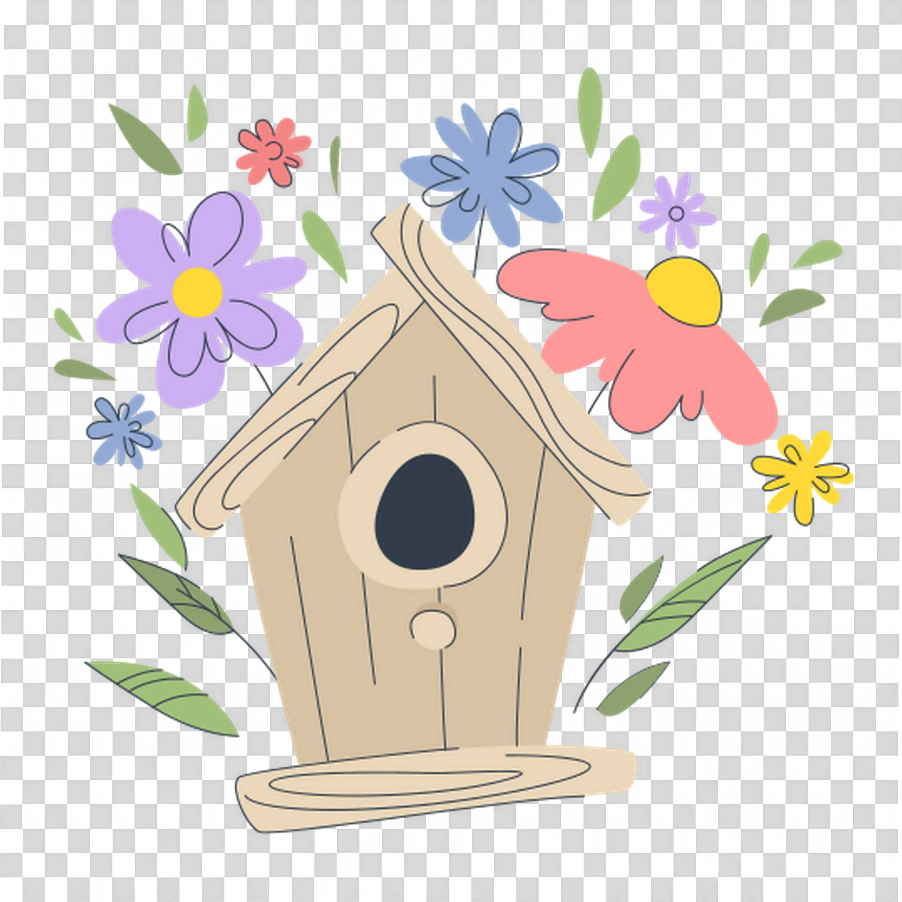 Wooden Birdhouse Surrounded By Calm Spring Flowers PNG