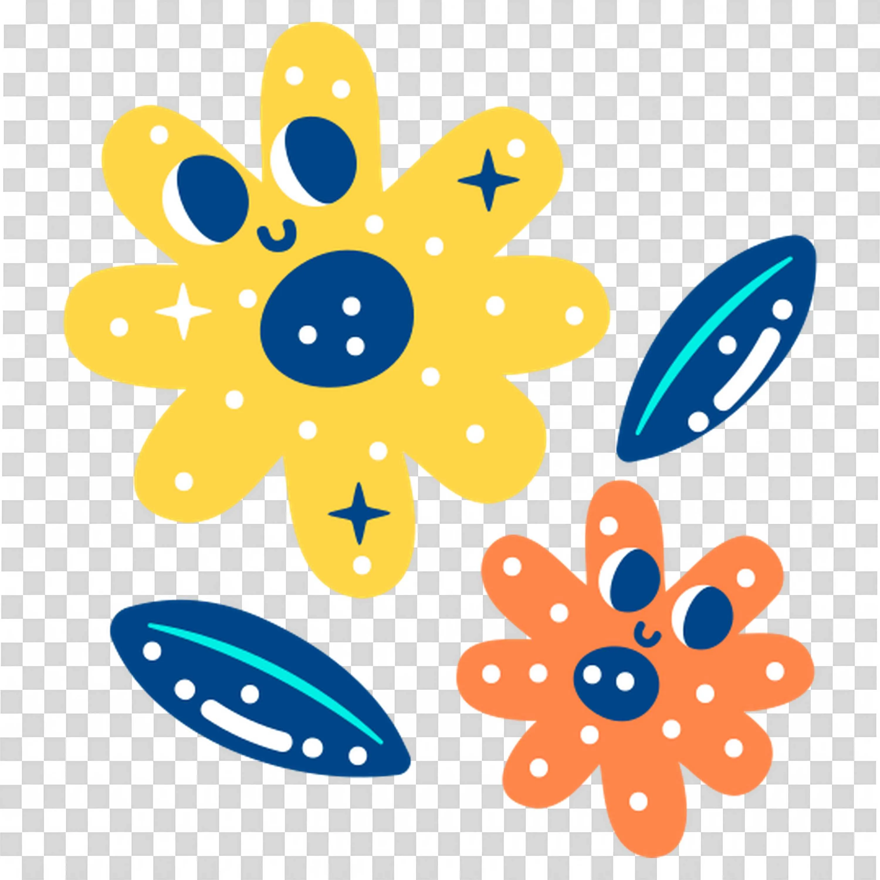 Yellow and Blue Flowers with Leaves and Sparkling Stars