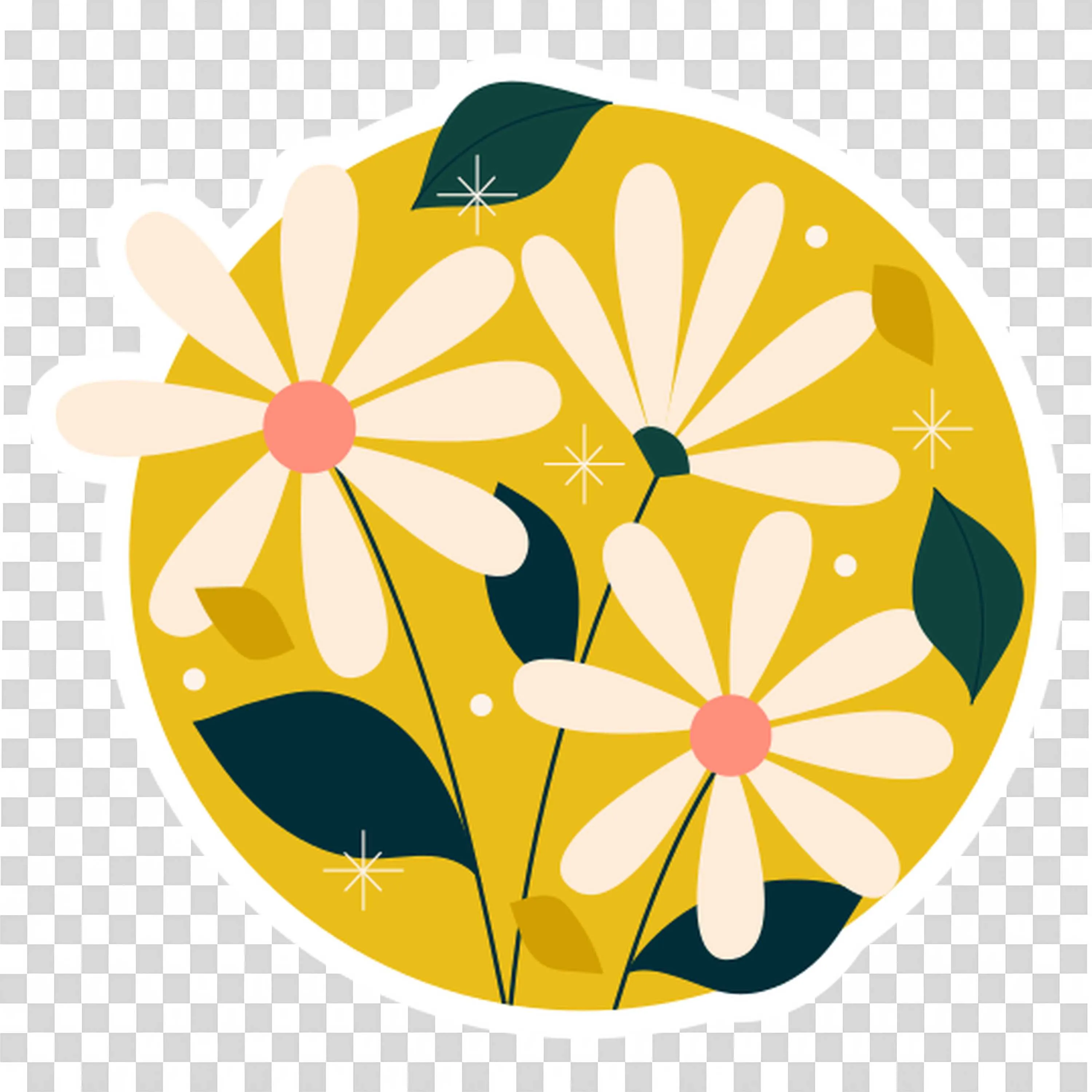 Yellow Circular Floral Illustration with White Daisies