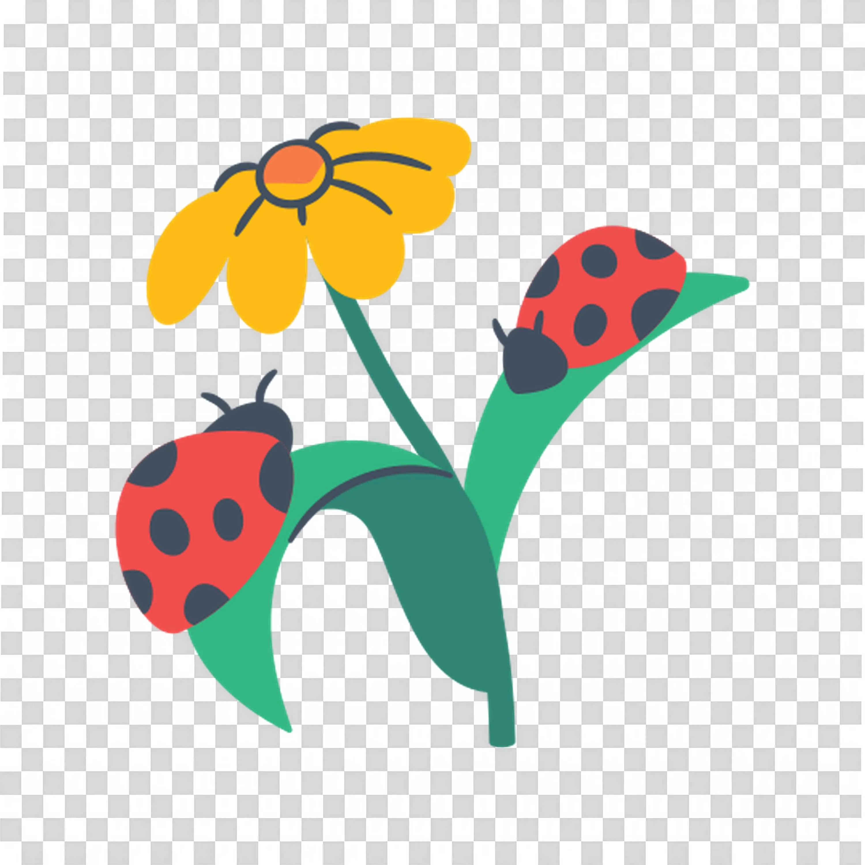 Yellow Flower with Two Red Ladybugs on Green Leaves