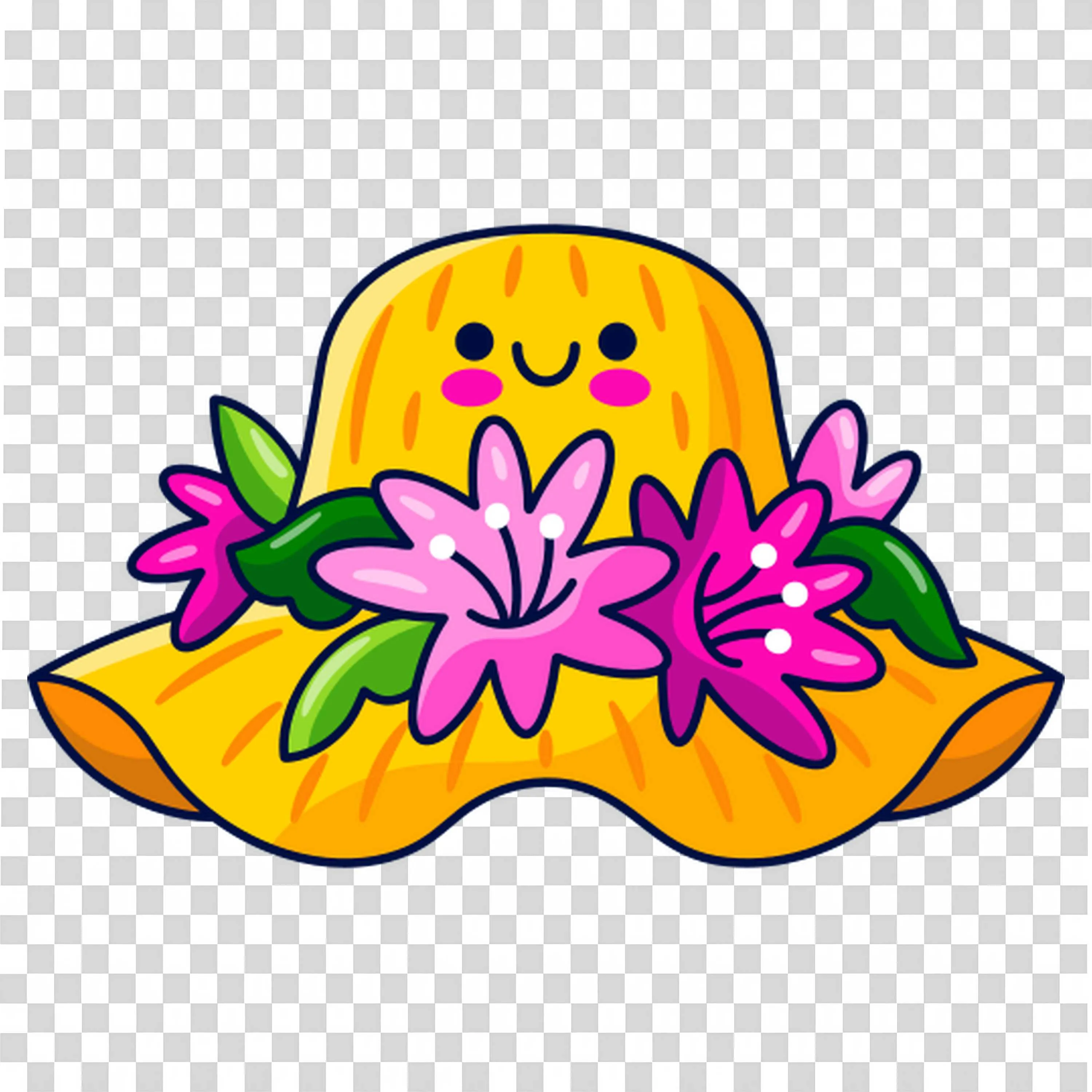 Yellow Garden Hat Decorated with Fresh Pink Flowers PNG