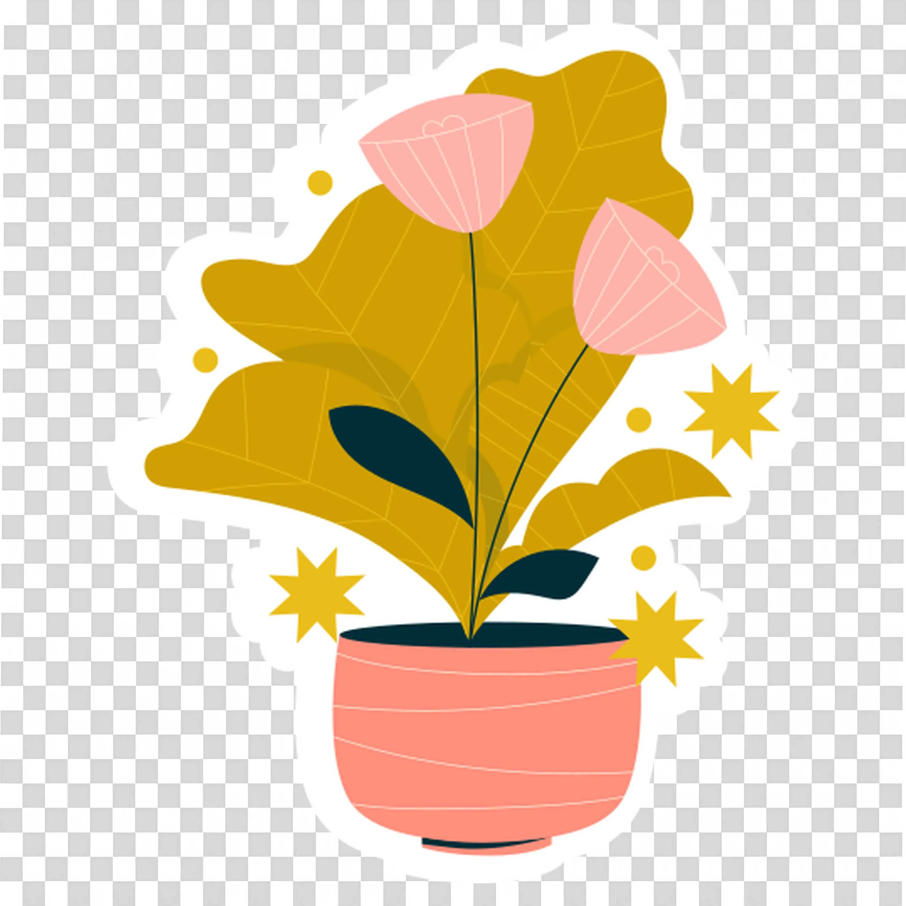 Yellow Leaf and Pink Flowers in a Peach Pot Vase PNG