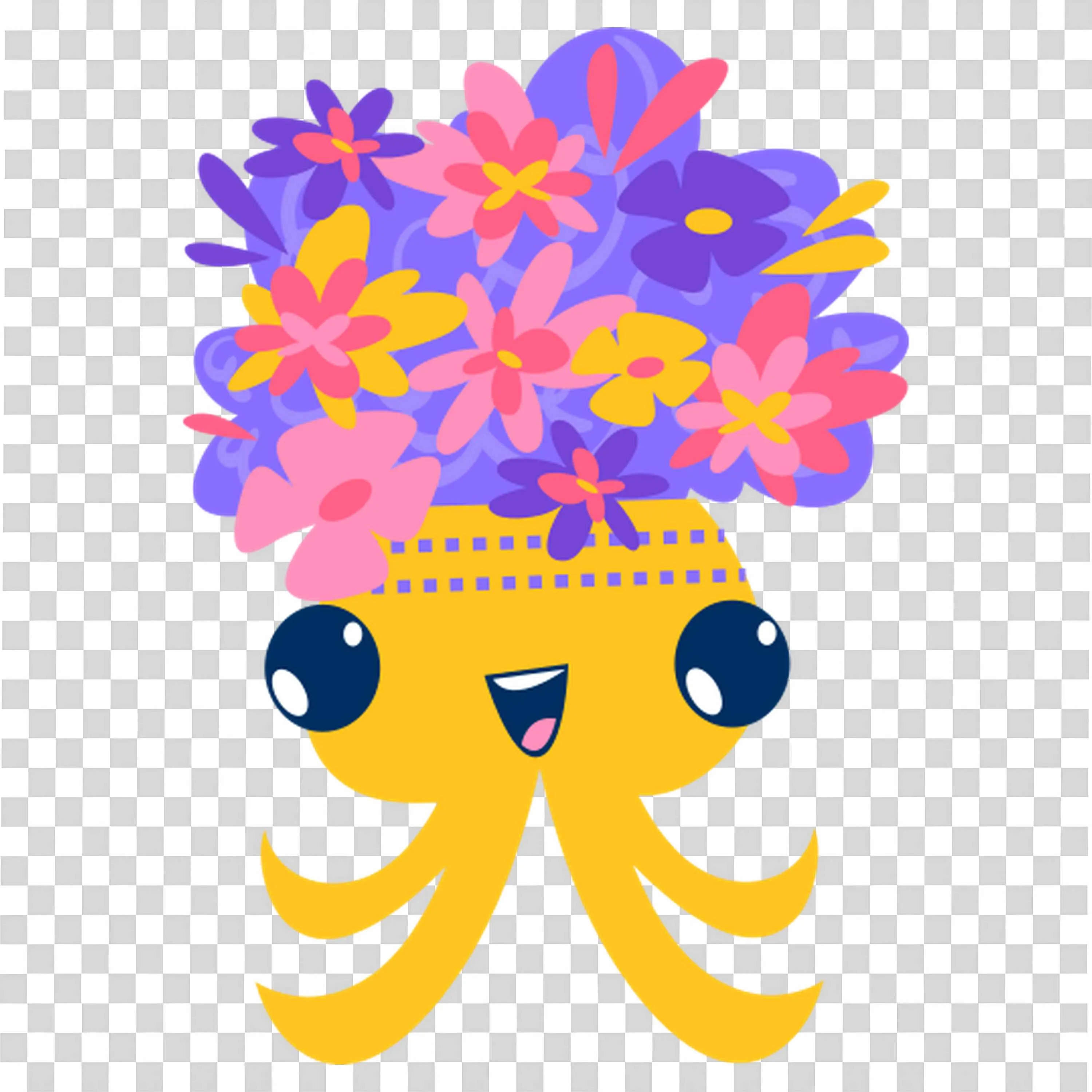 Yellow Octopus Wearing Hat Made Of Colorful Flowers PNG