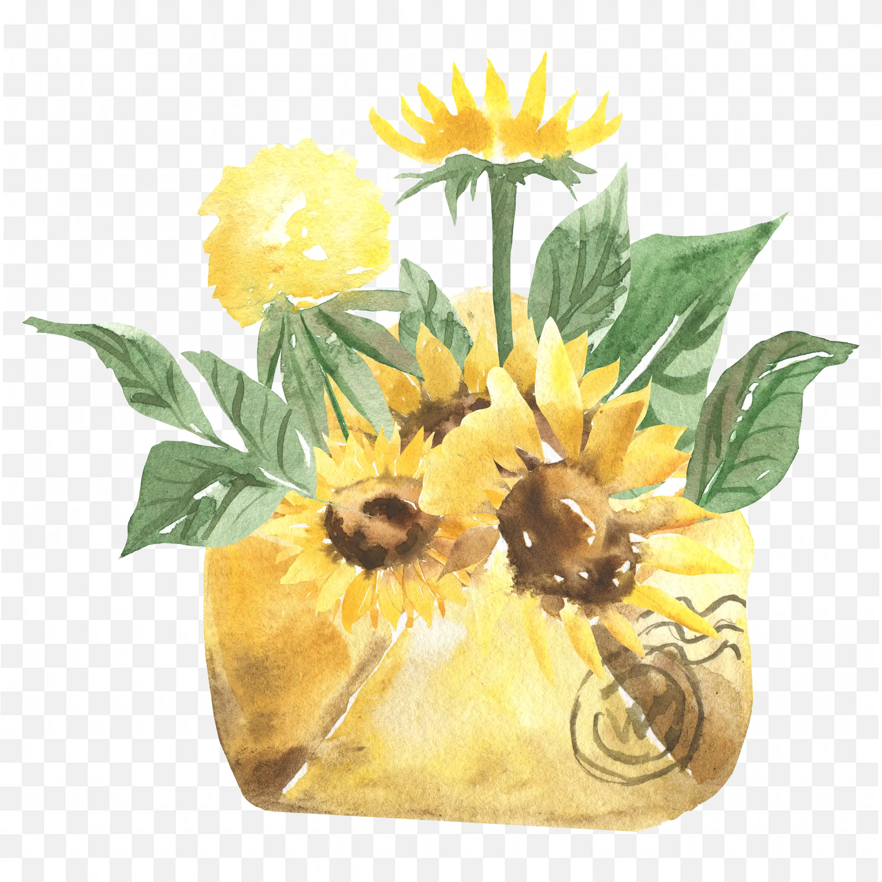 Yellow Sunflowers with Leaves Bright Botanical Artwork