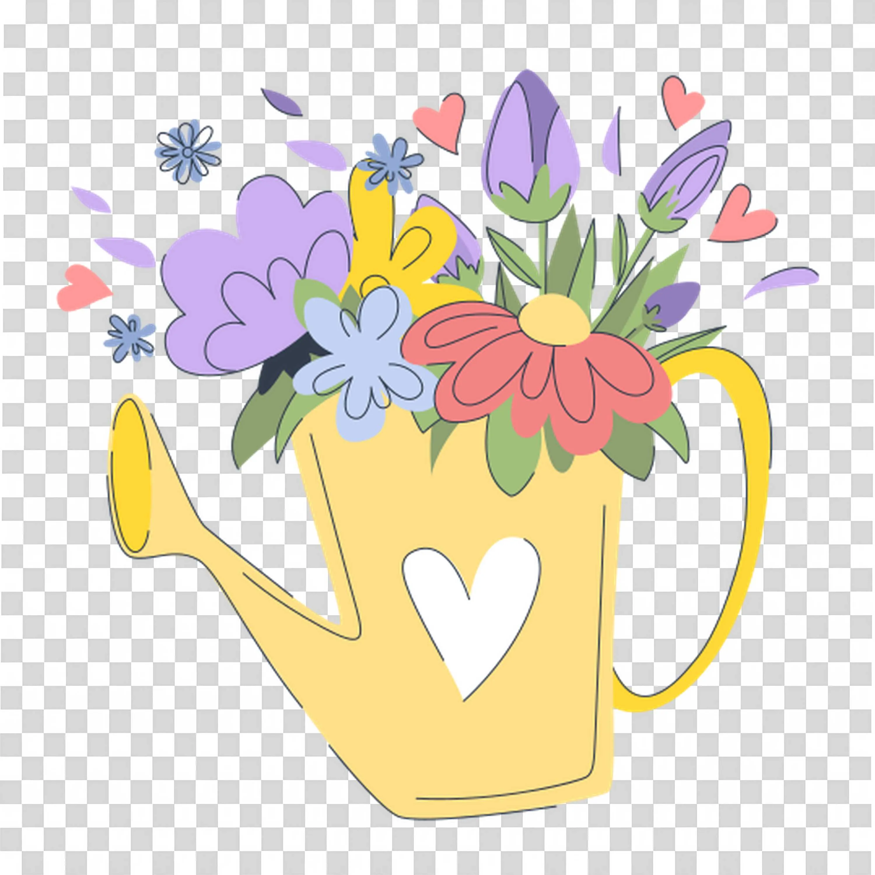 Yellow Watering Can Filled with Colorful Spring Flowers