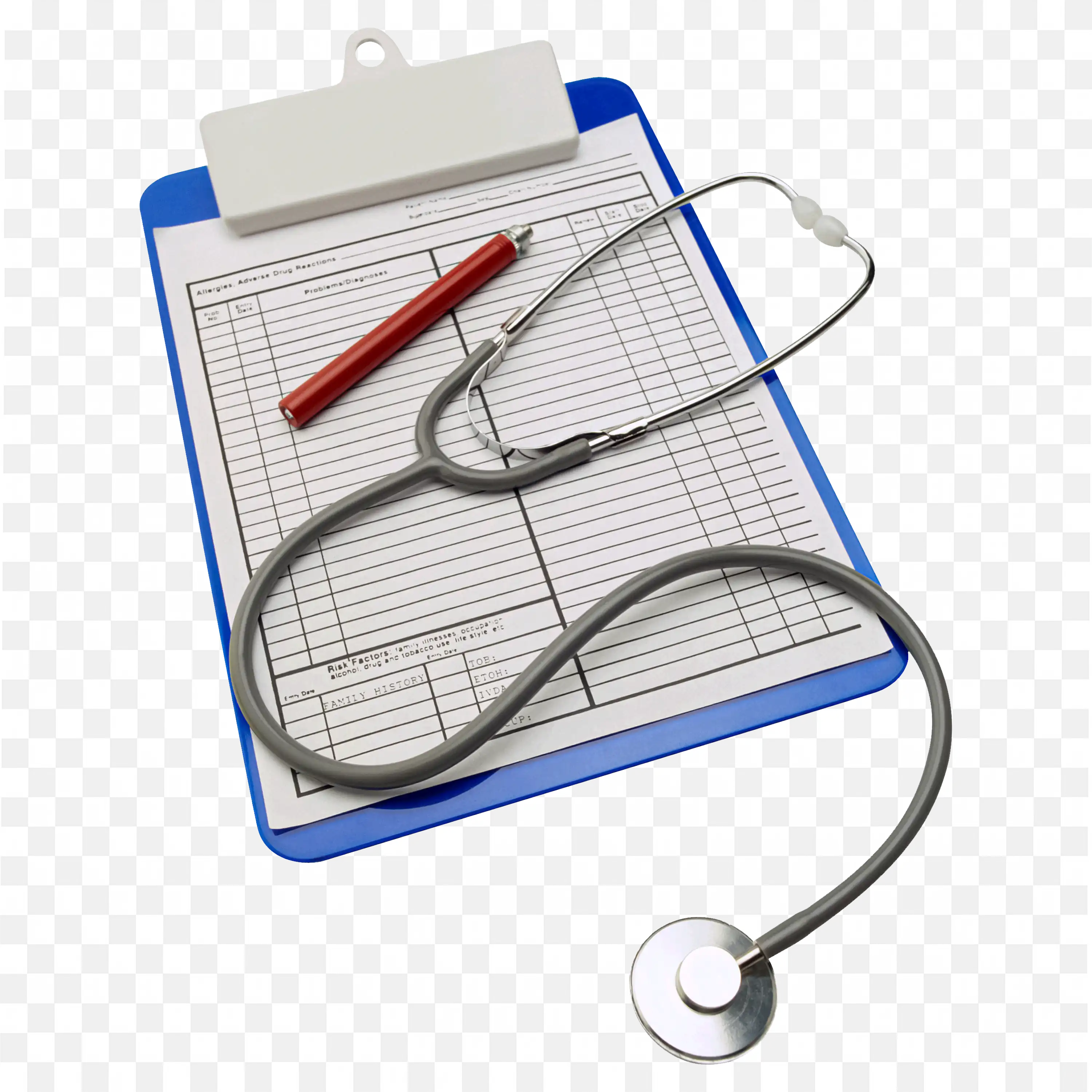 Blue Medical Clipboard With Stethoscope And Pen Png Image