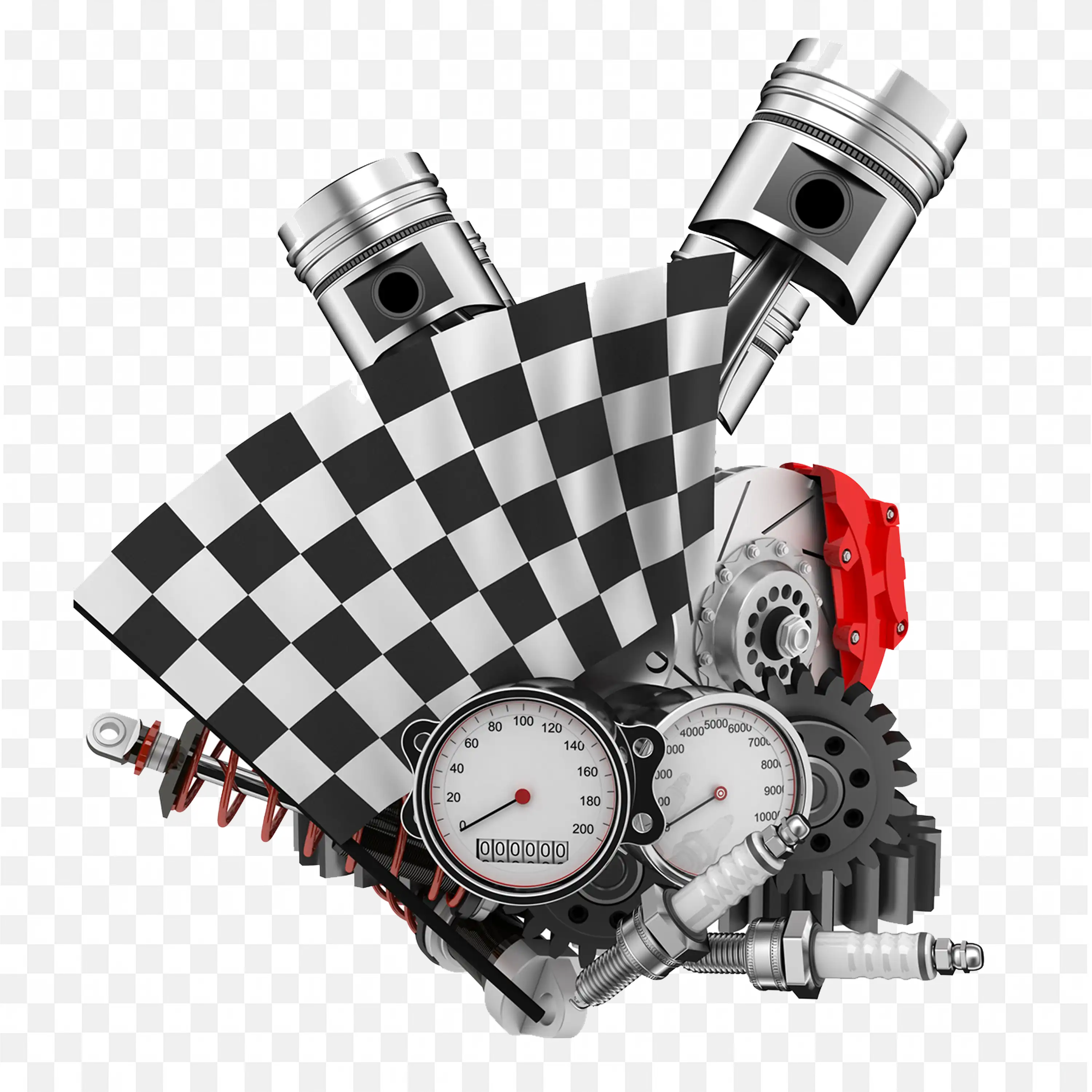 Engine Parts With A Checkered Flag And Speedometers Png