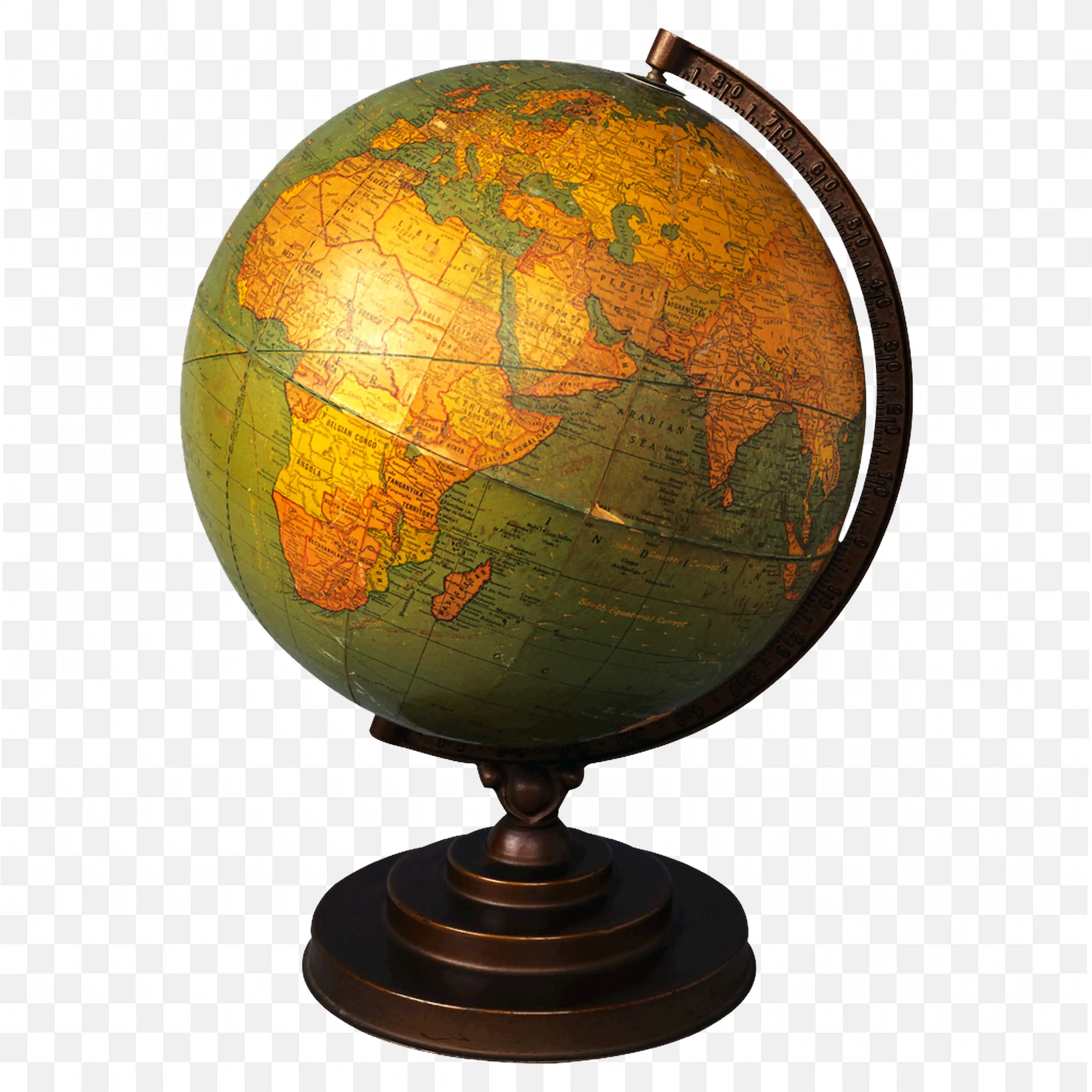 Vintage World Globe On A Wooden Stand For Decorations Png