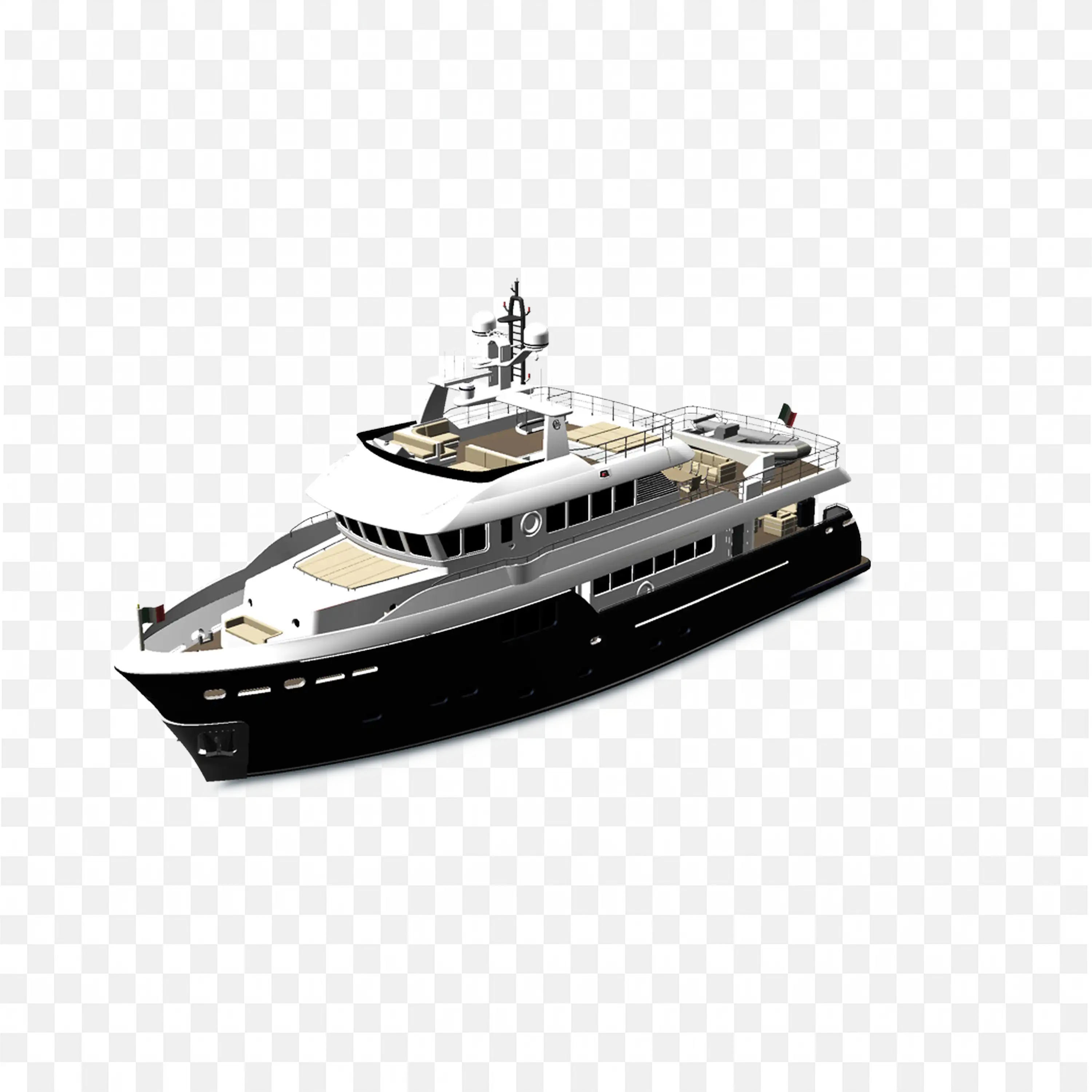 Black and White Yacht with Multiple Decks and Lounging Areas