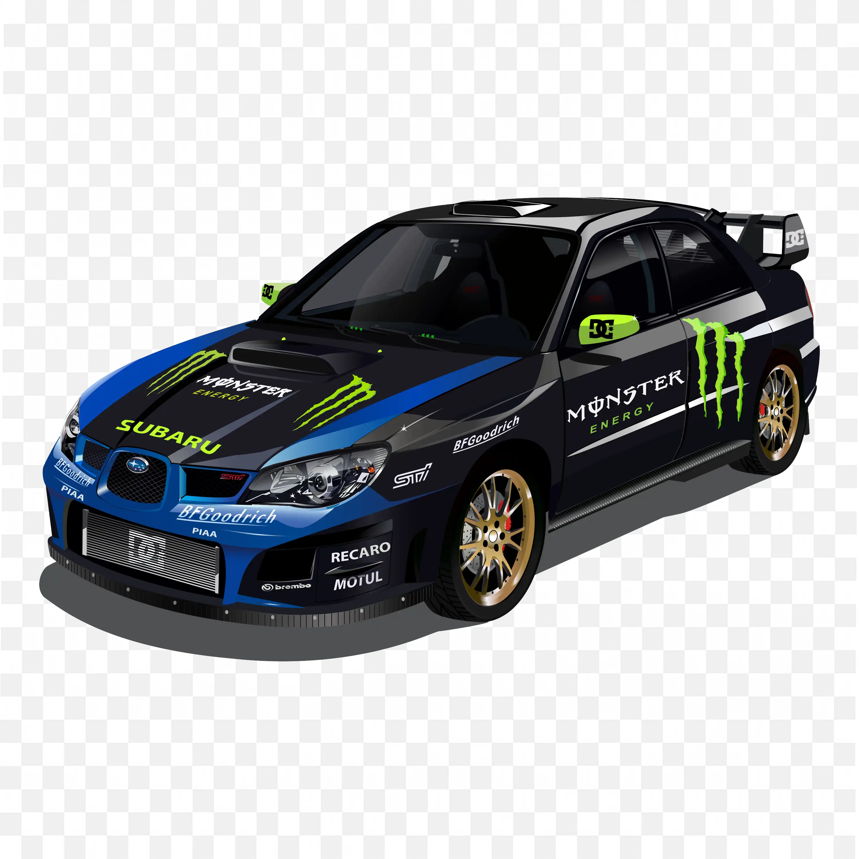 Blue and Black Subaru Rally Car with Monster Energy Branding