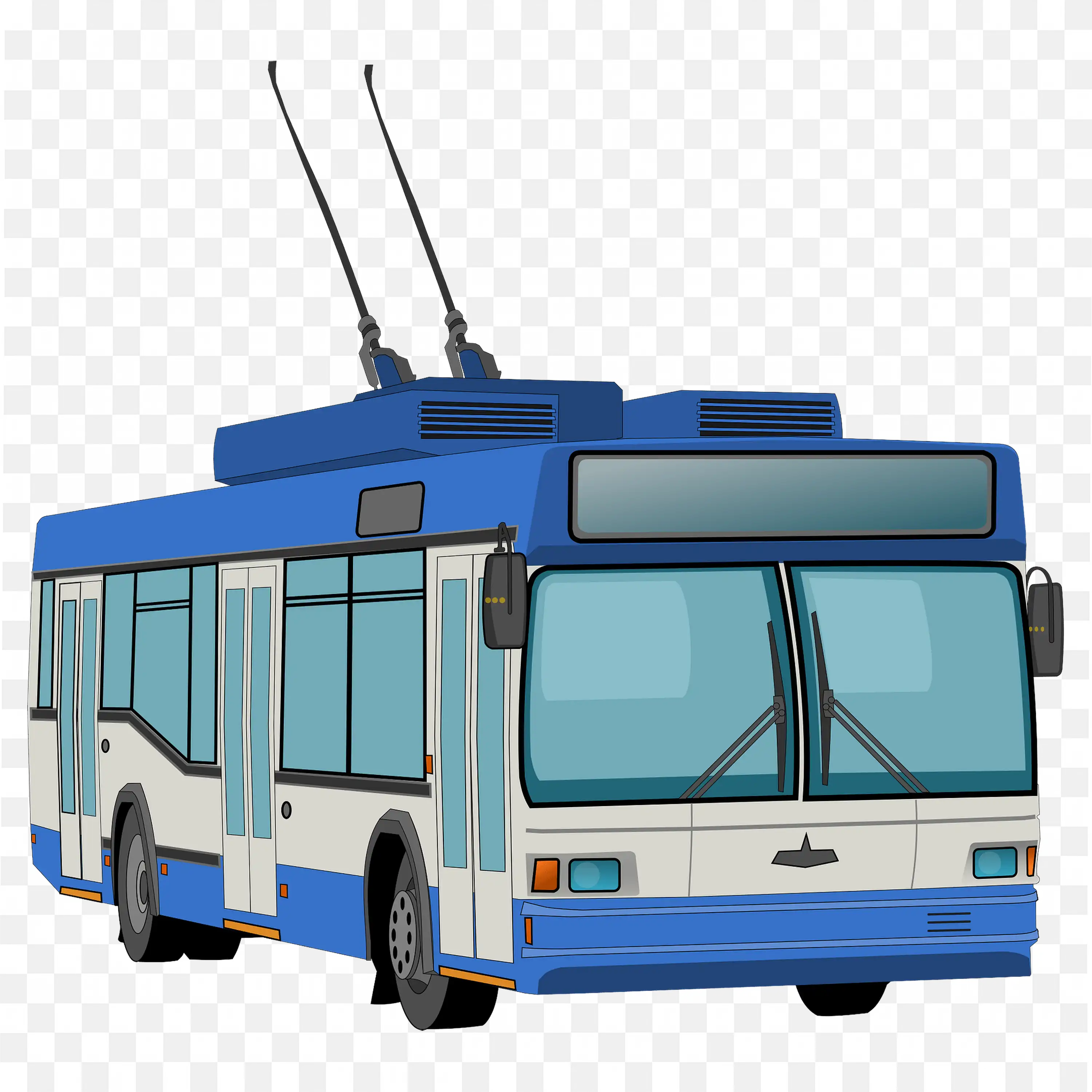 Blue and White Electric Trolleybus with Power Poles PNG