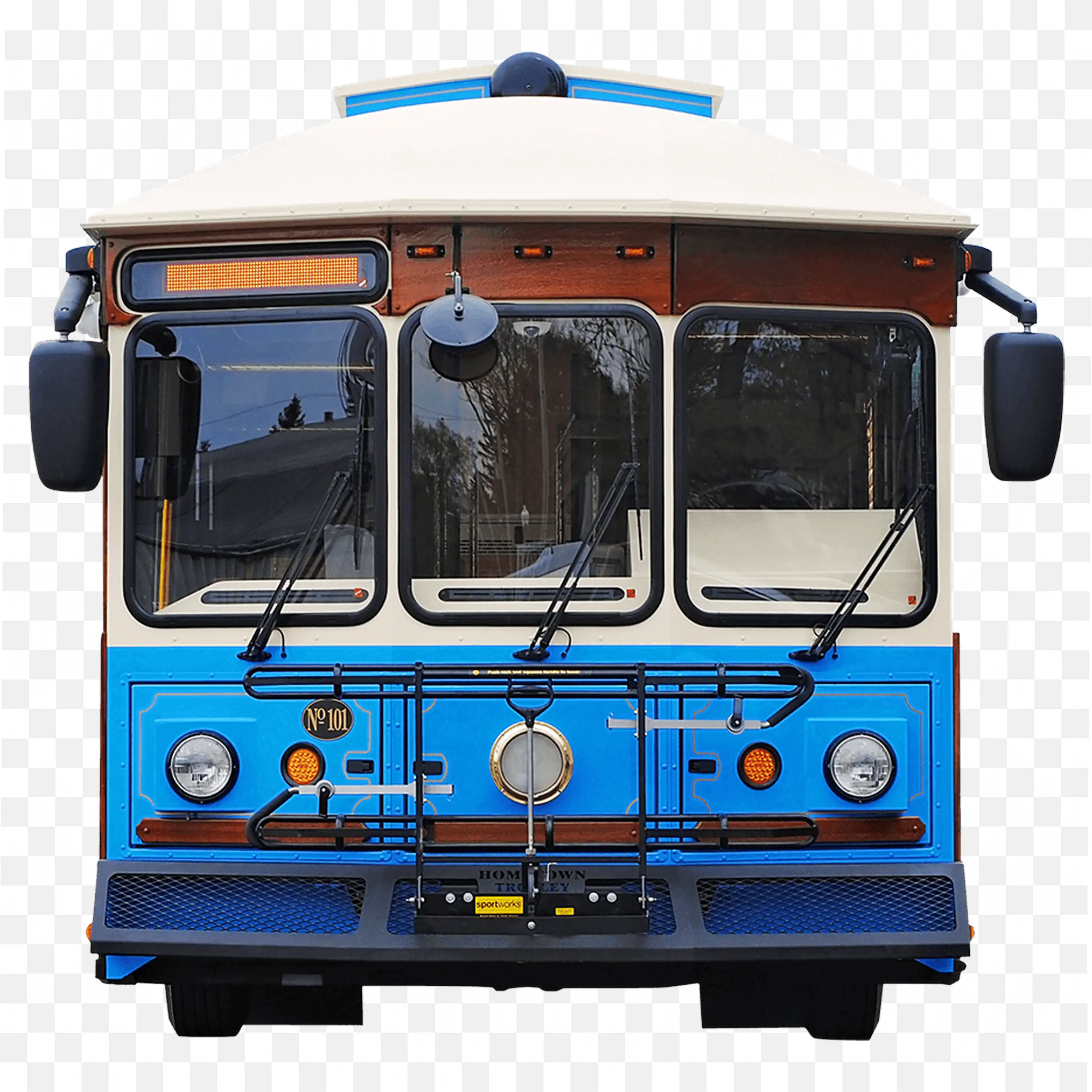 Blue and White Trolley Bus Front View for City Tours PNG