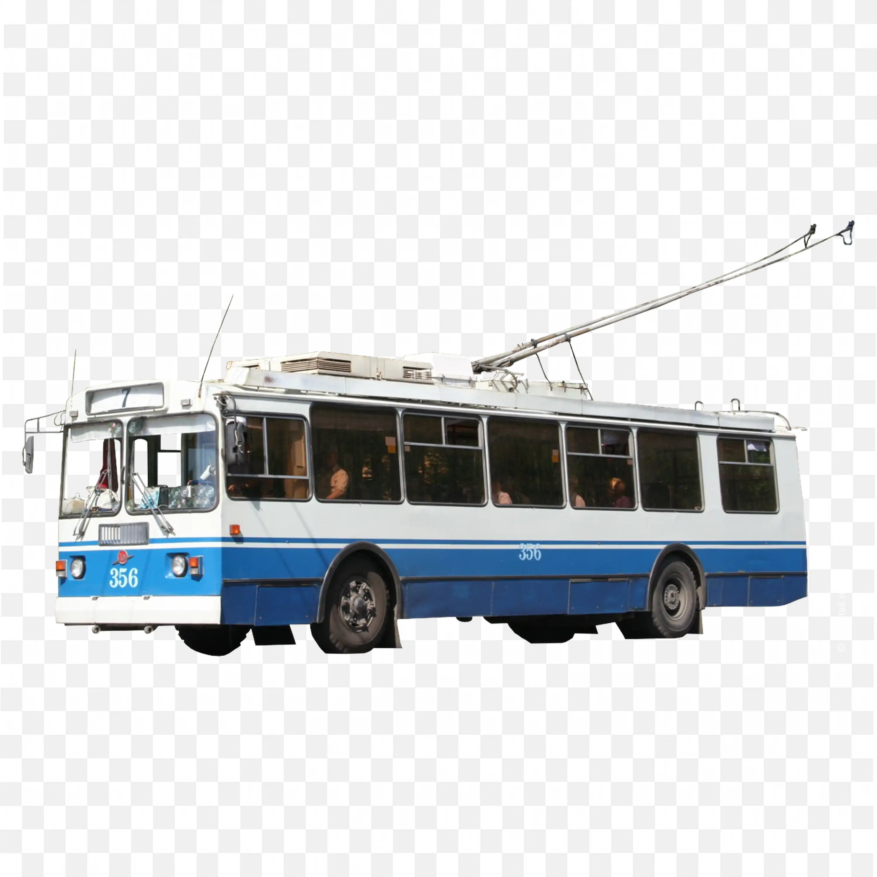 Blue and White Ziu 682G Trolleybus with Power Cables PNG
