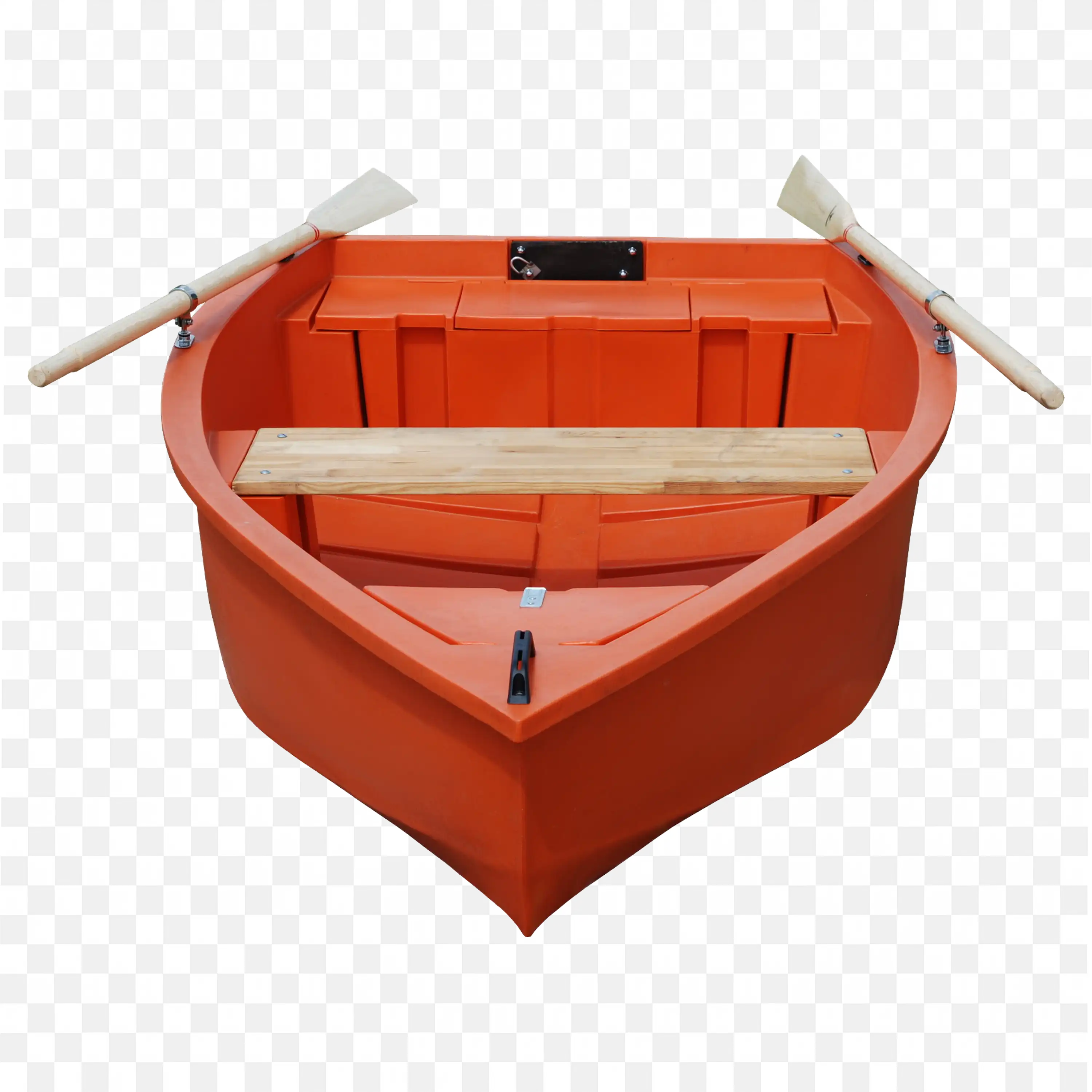 Bright Orange Rowboat with Wooden Paddles and Bench Seat