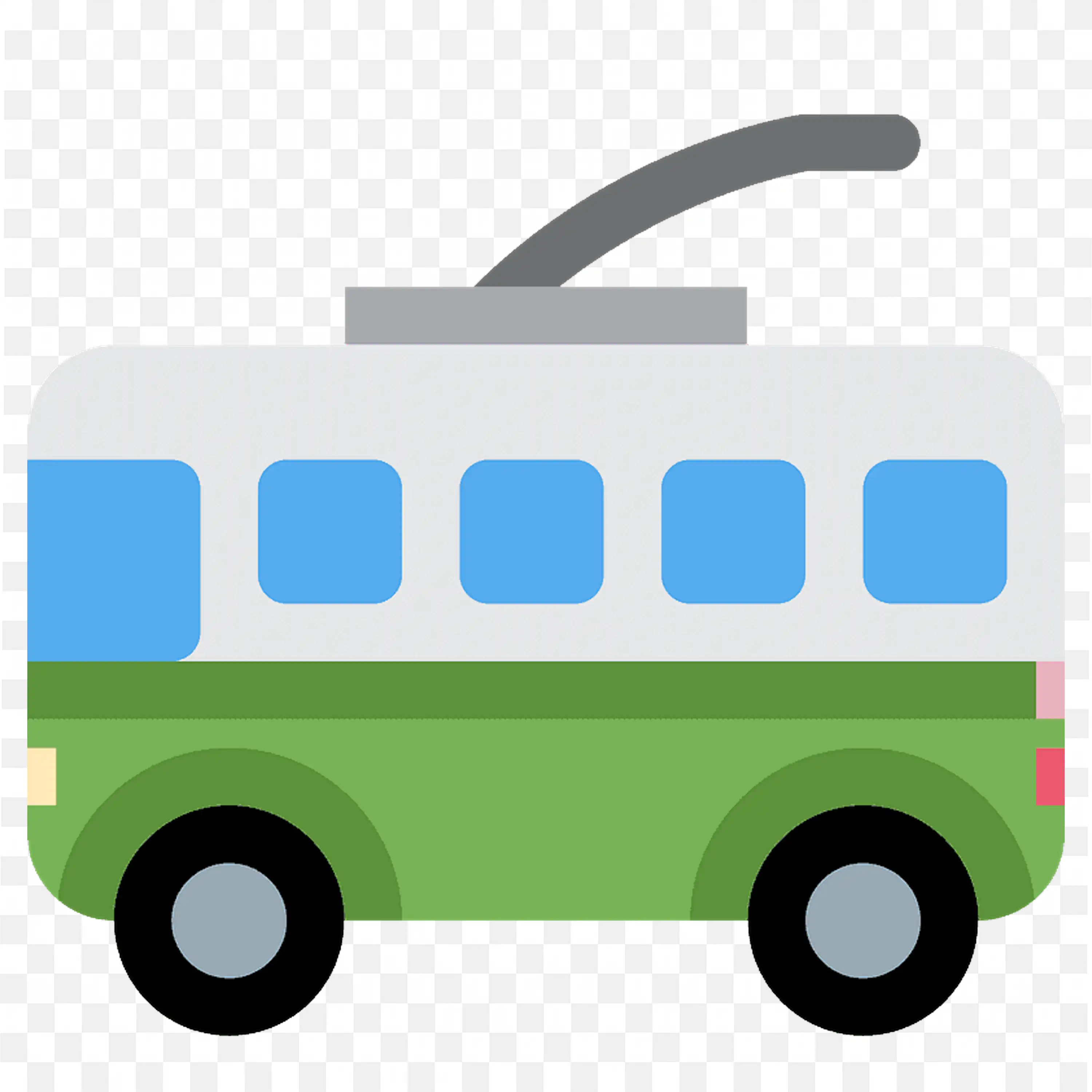 Cartoon Green and White Trolley Bus Side View with Cable PNG