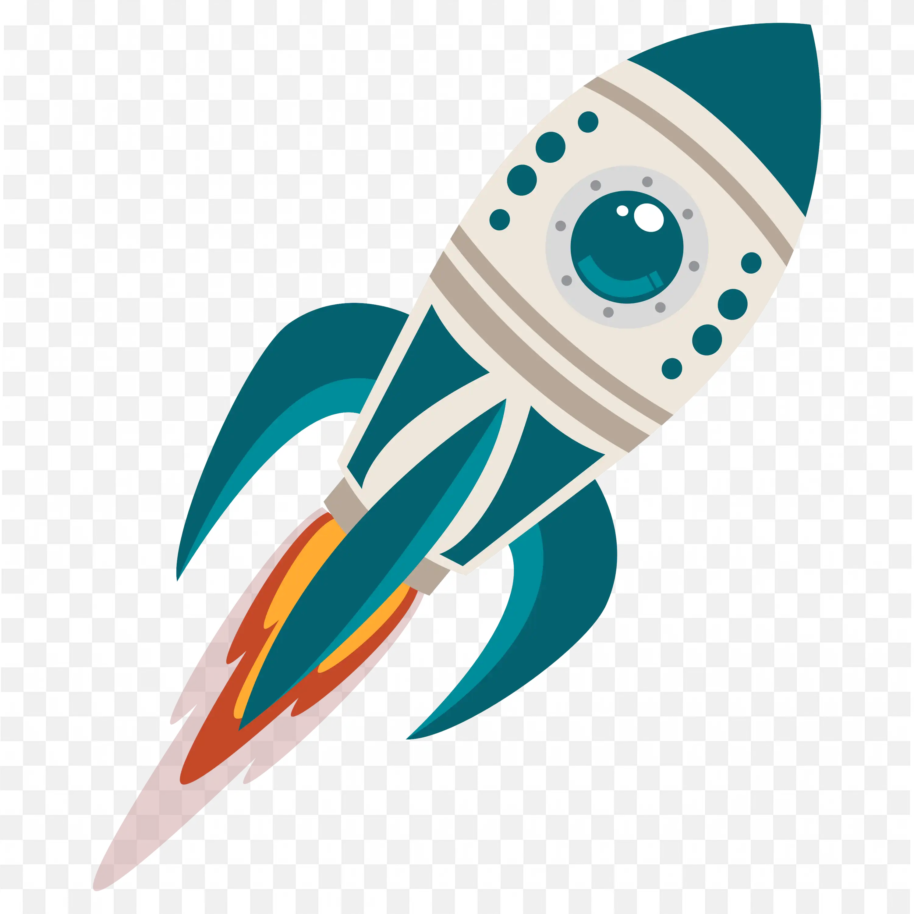 Cartoon Rocket Launching With Blue Fins and Red Flames PNG