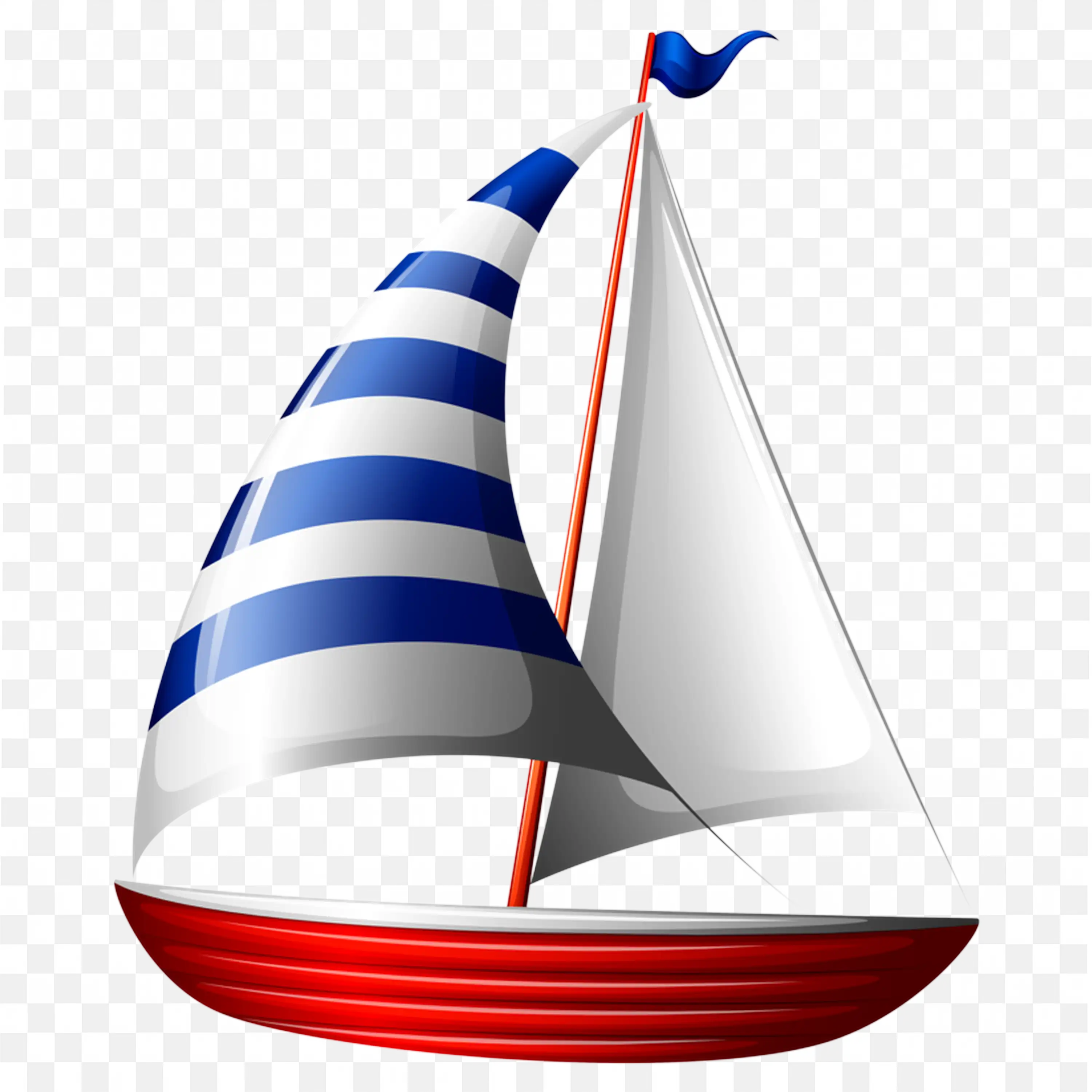 Cartoon Sailboat with Striped Sail and Red Curved Hull PNG