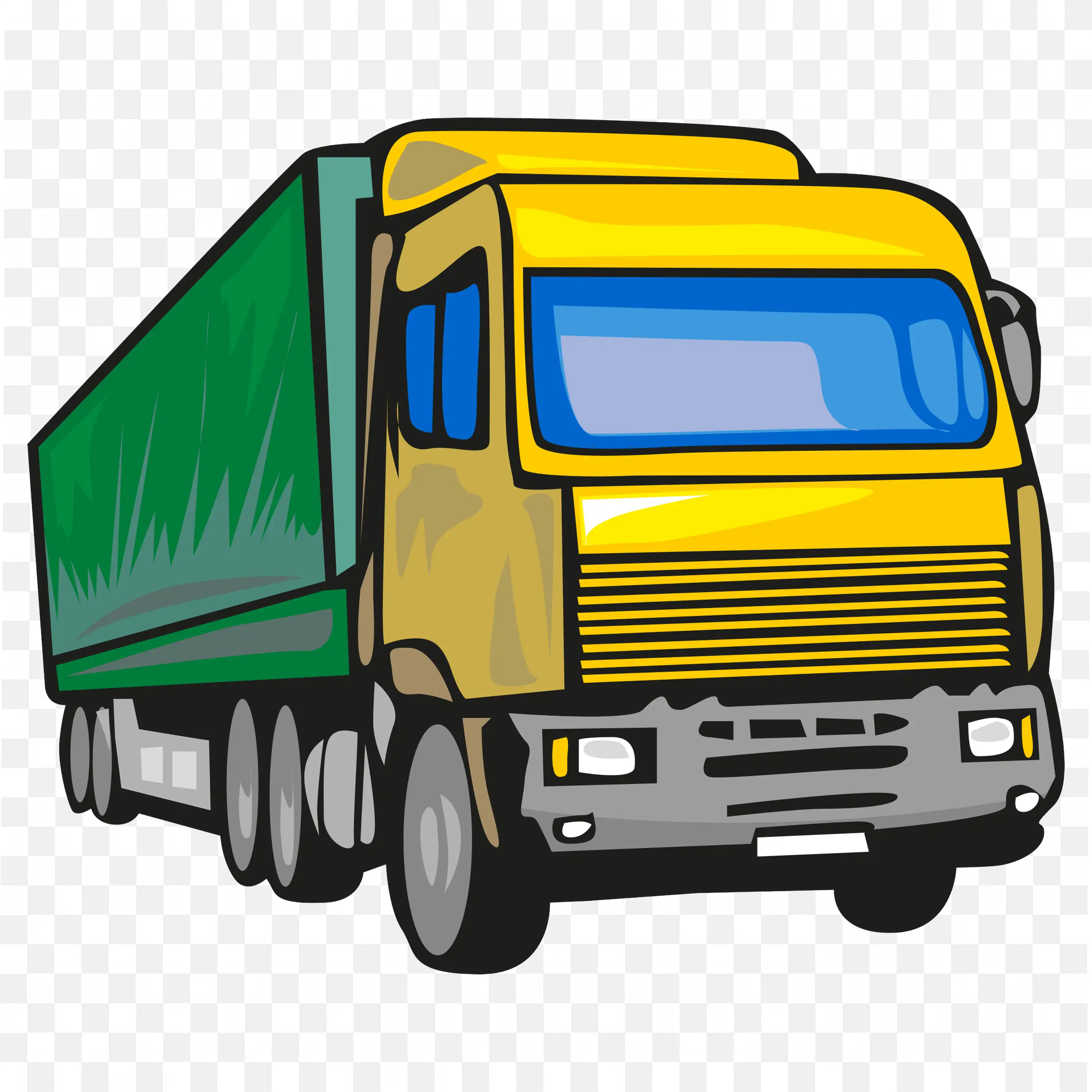Cartoon Semi Truck With Yellow Cab and Green Trailer PNG