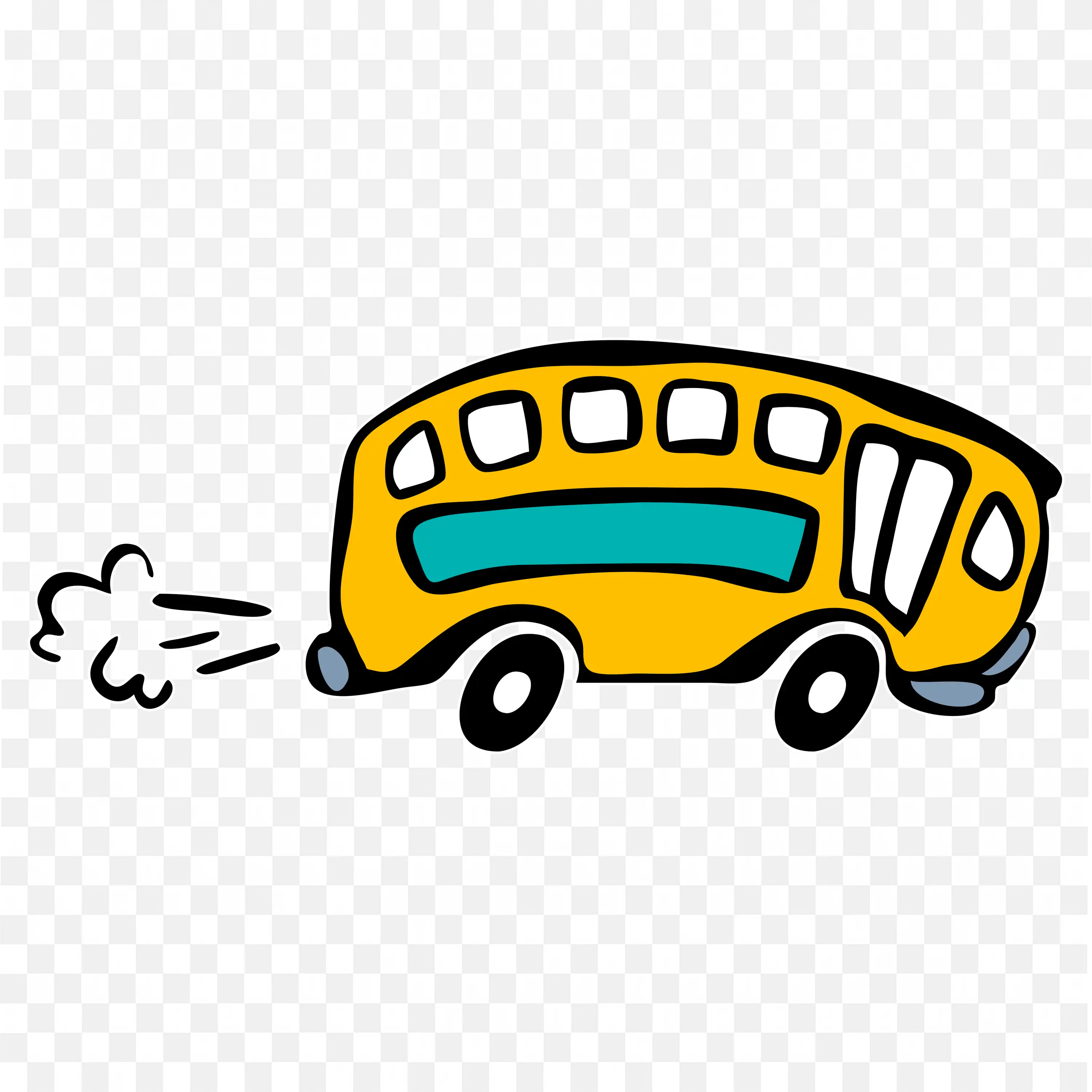 Cartoon Style Yellow Bus Driving with Exhaust Cloud PNG