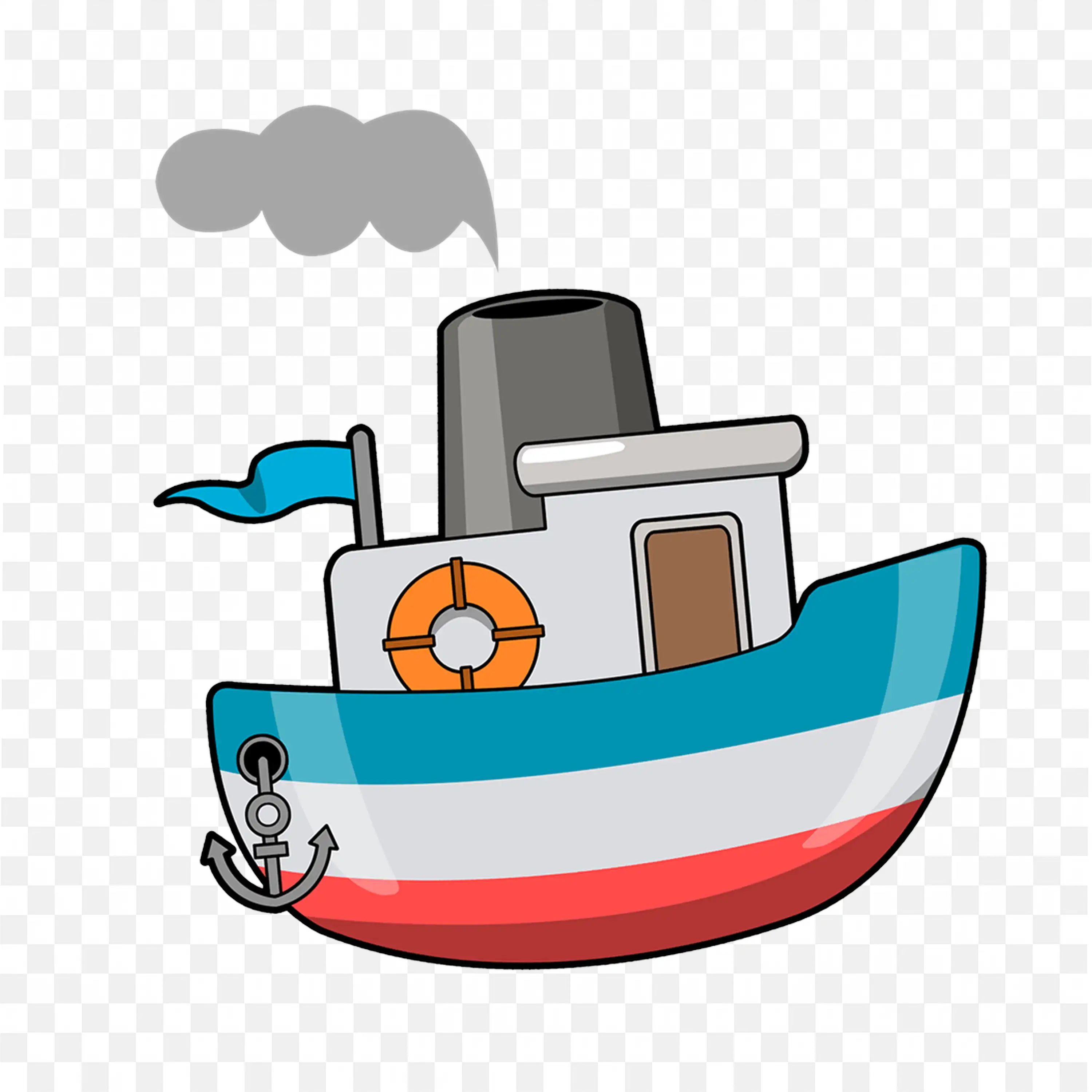 Cartoon Tugboat with A Smokestack Sailing On Waters Free PNG