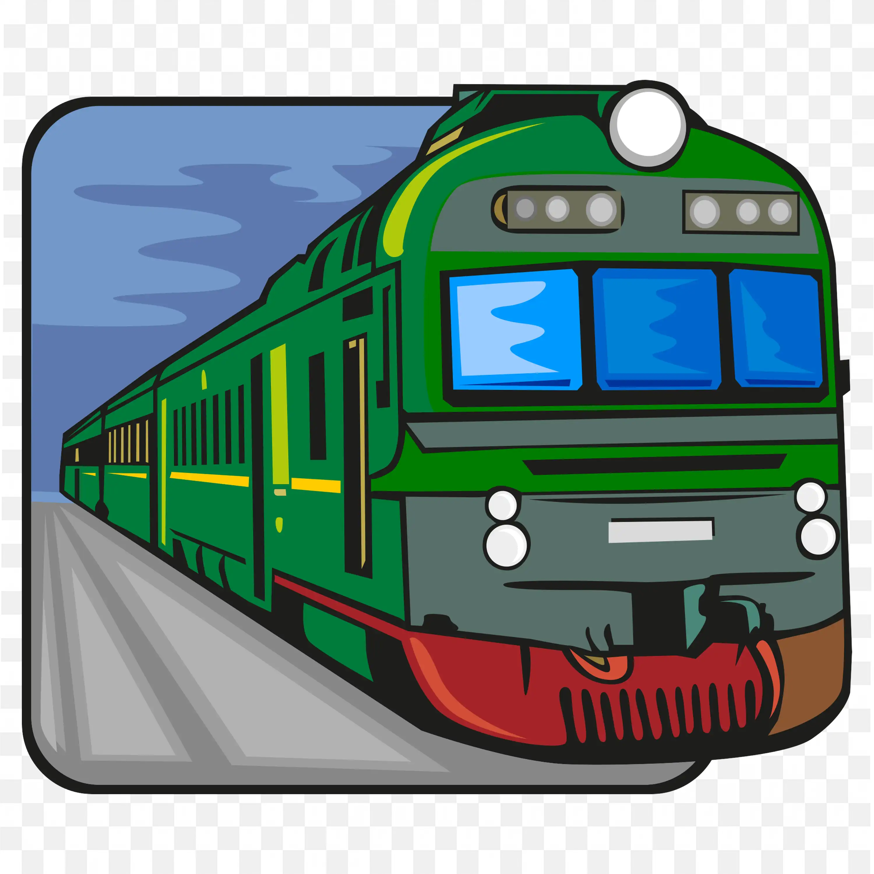 Green Passenger Train Moving Fast on Railway Tracks PNG