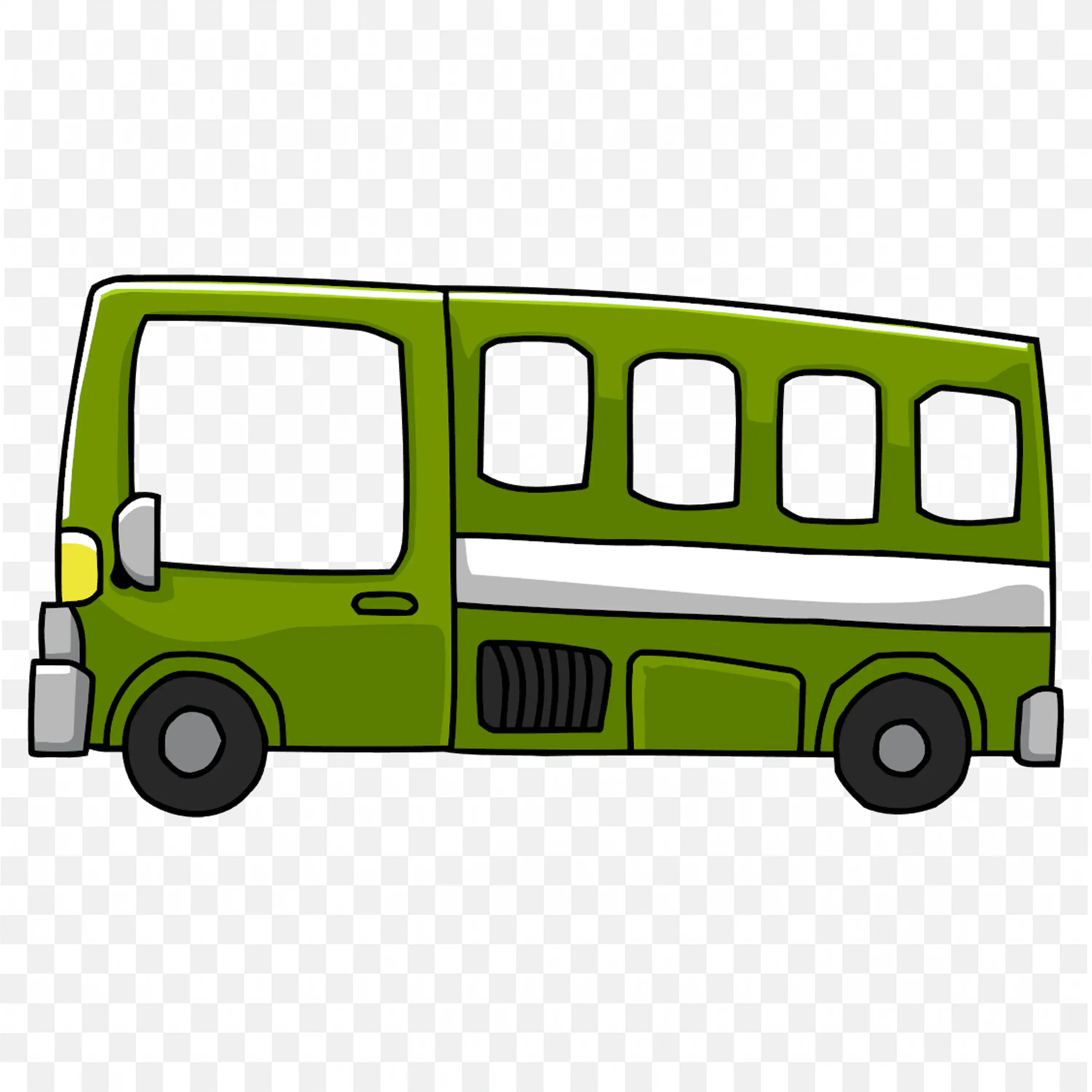 Green Trolley Bus with White Windows Cartoon Style PNG