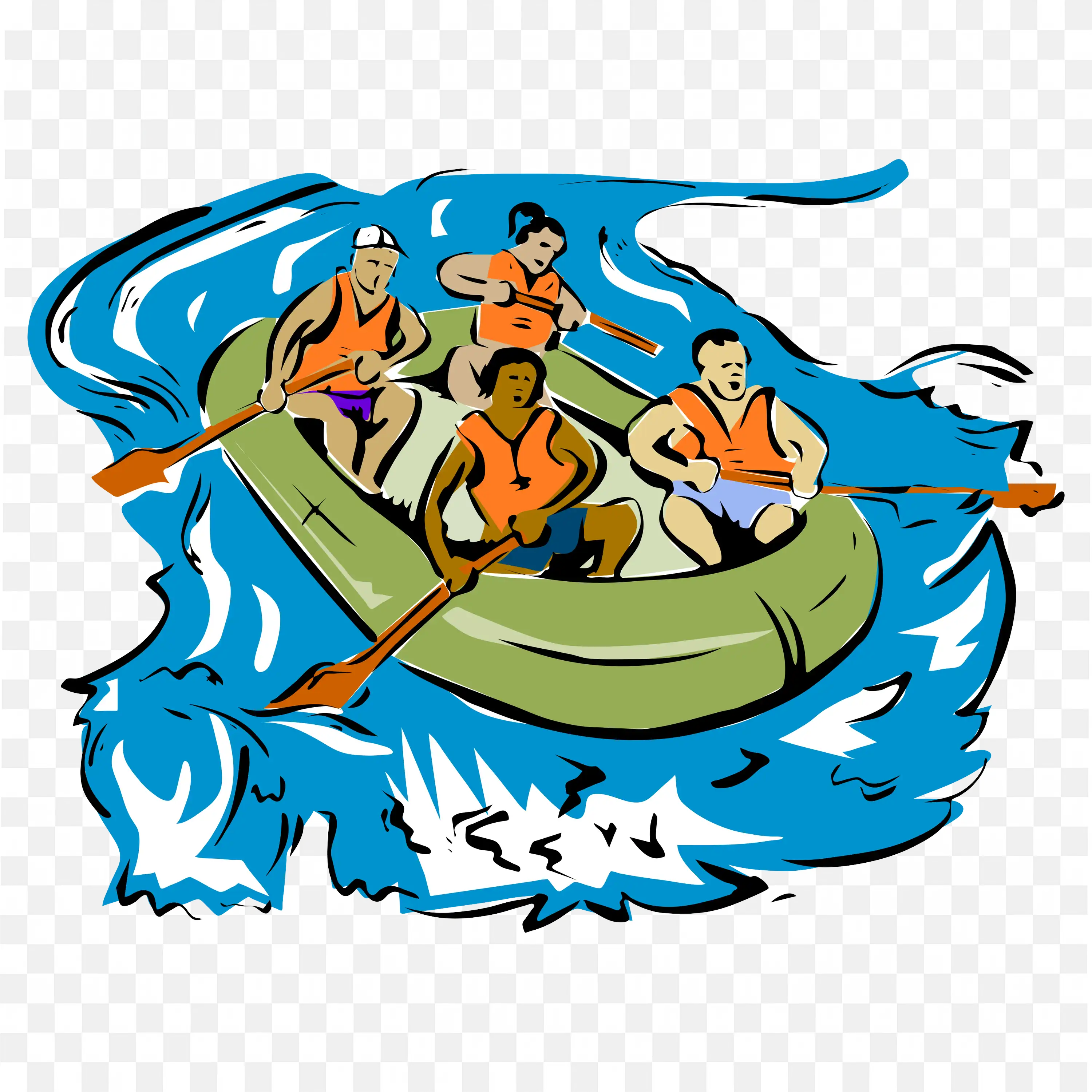 Group Rowing Together in Green Raft On A Fast Moving River