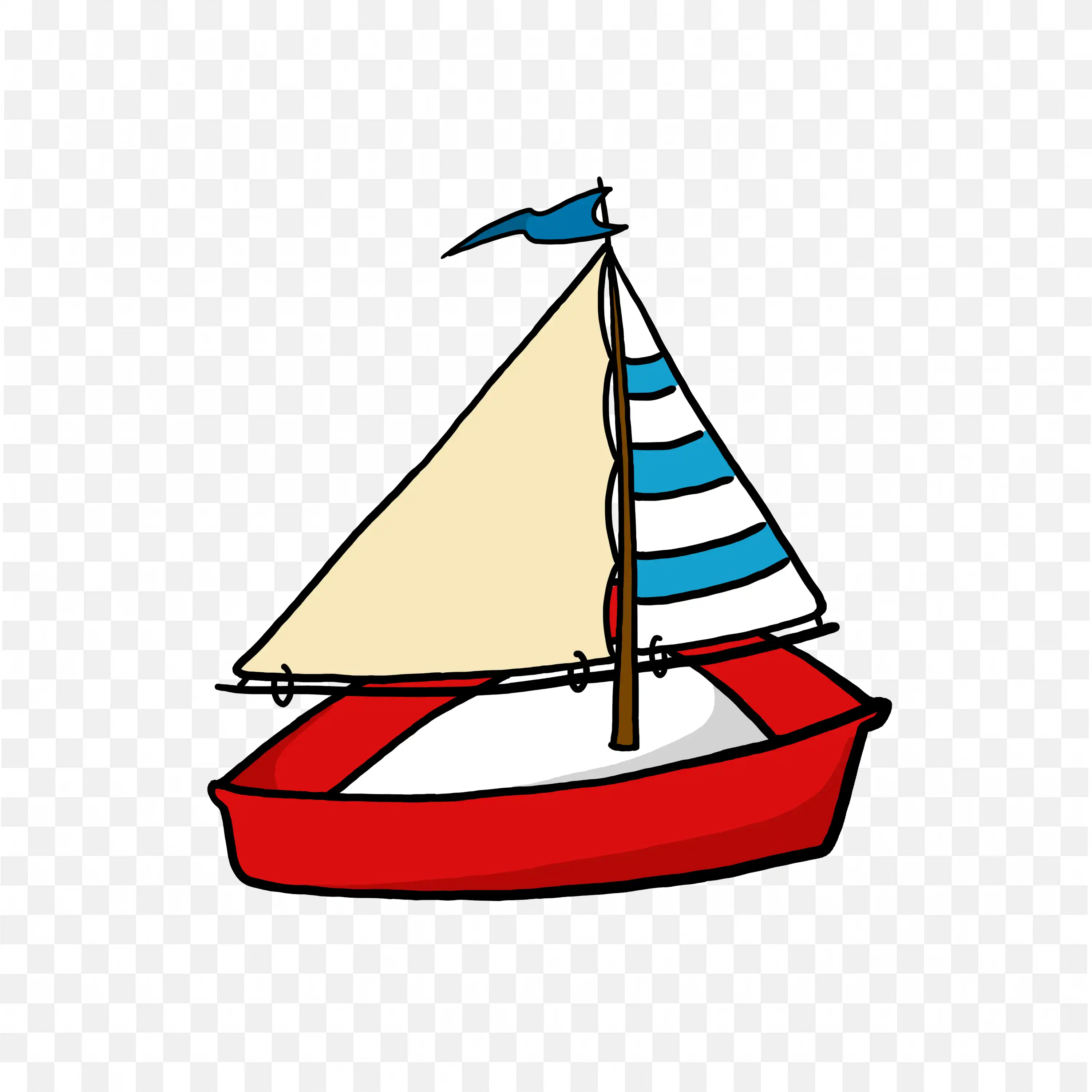 Hand Drawn Sailboat with Red Hull and Striped Sail PNG