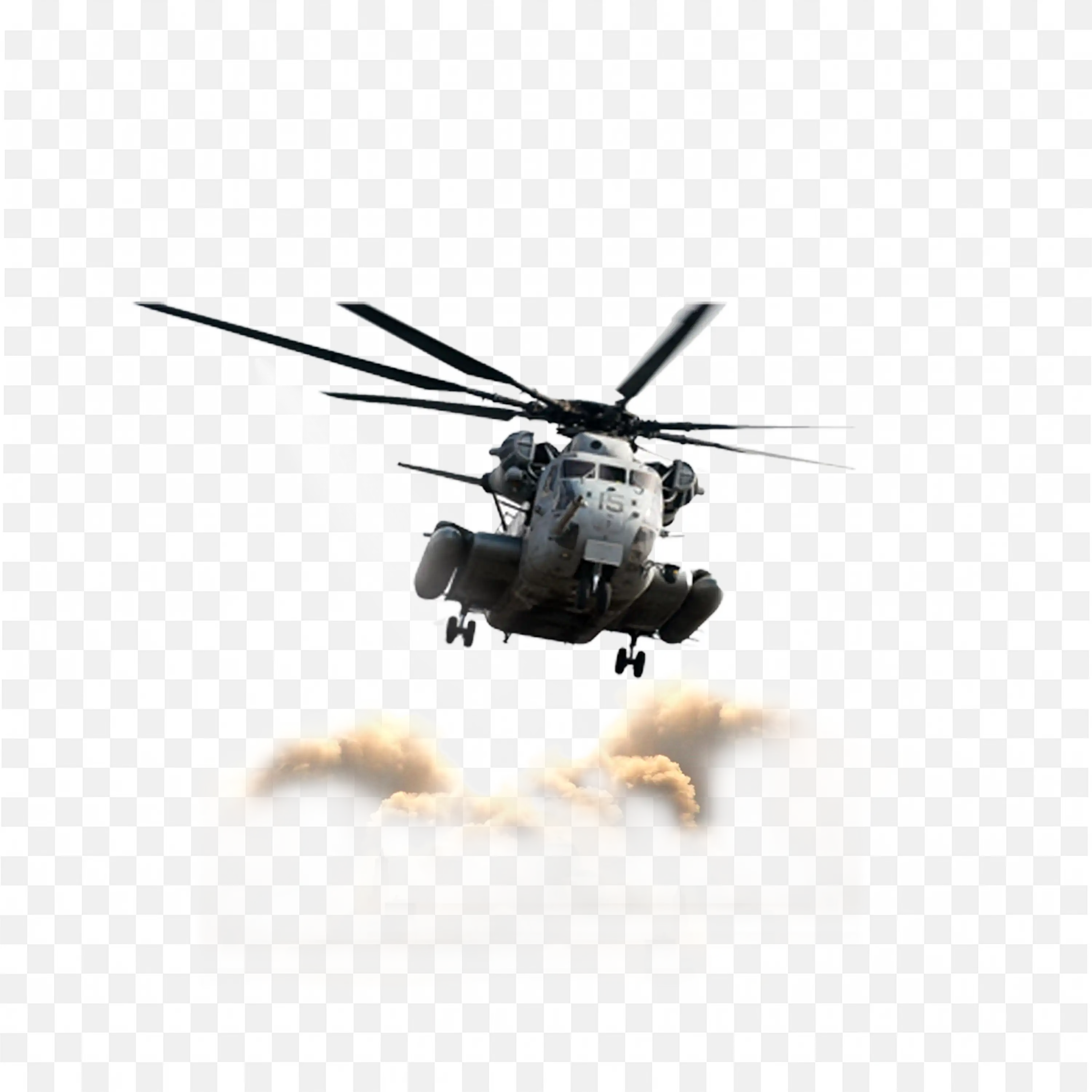 Military Helicopter Flying with Thick Smoke and Clouds PNG
