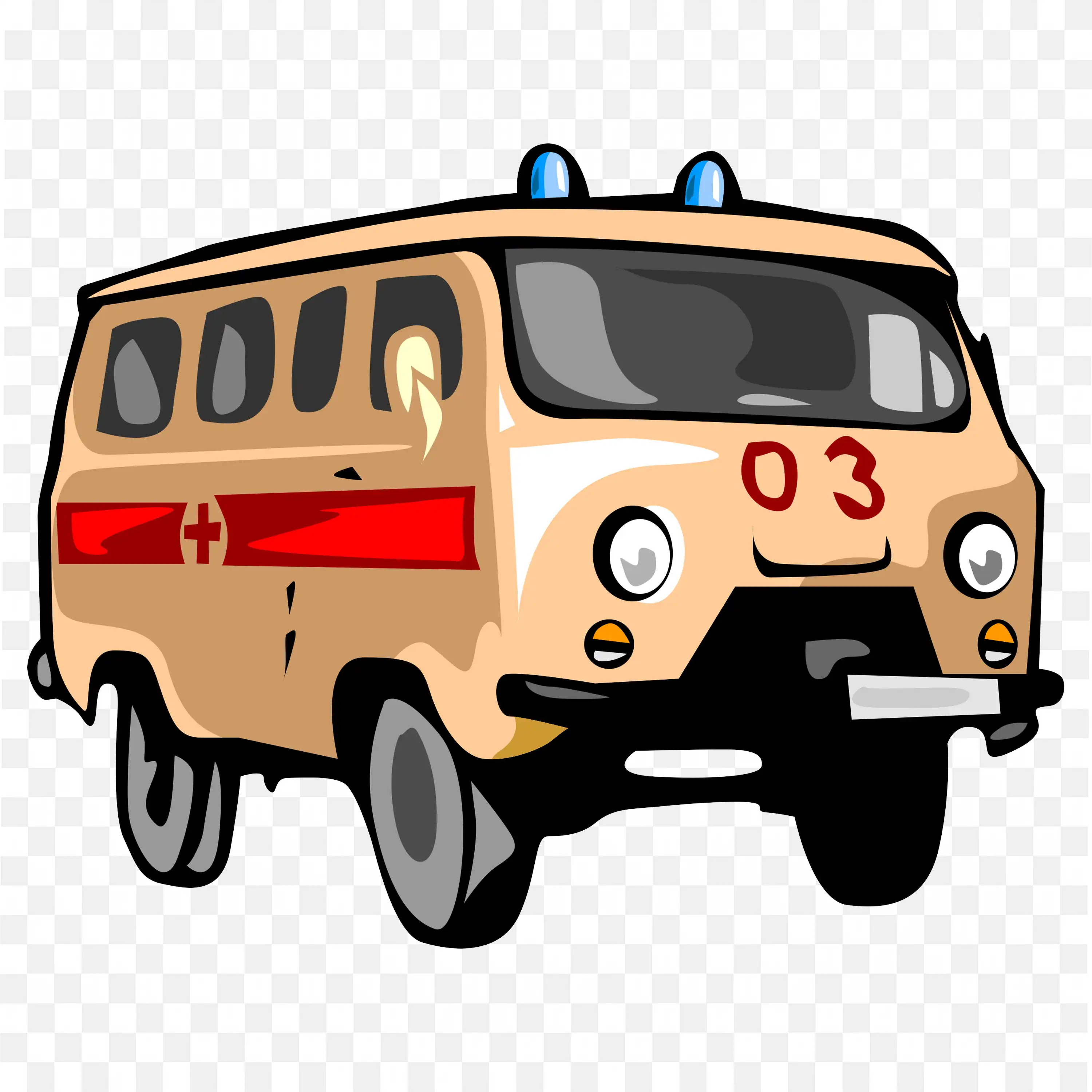 Old Style Medical Van In Tan With Red Cross and Lights PNG