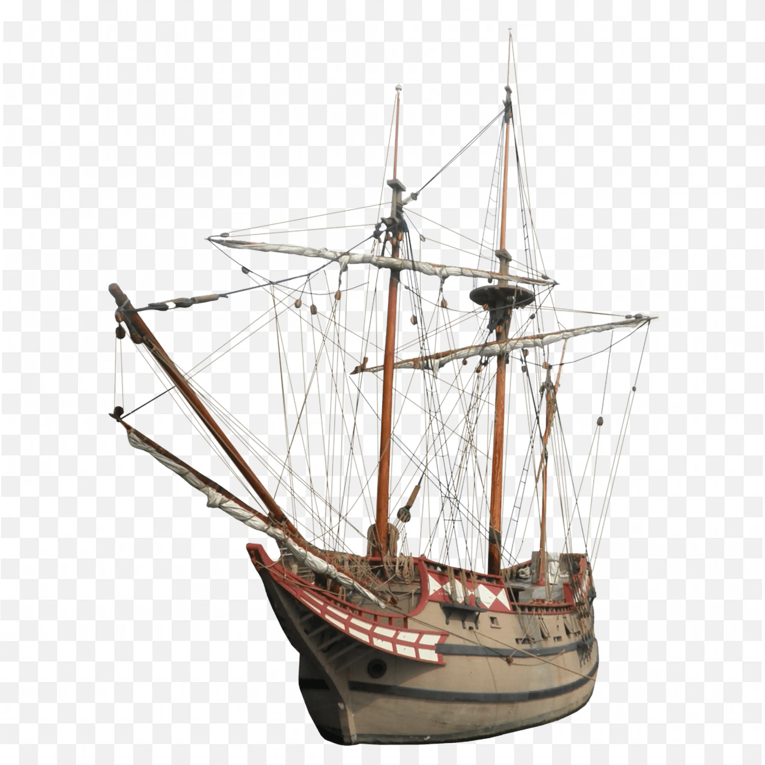 Old Wooden Sailing Ship with Many Ropes and Poles PNG