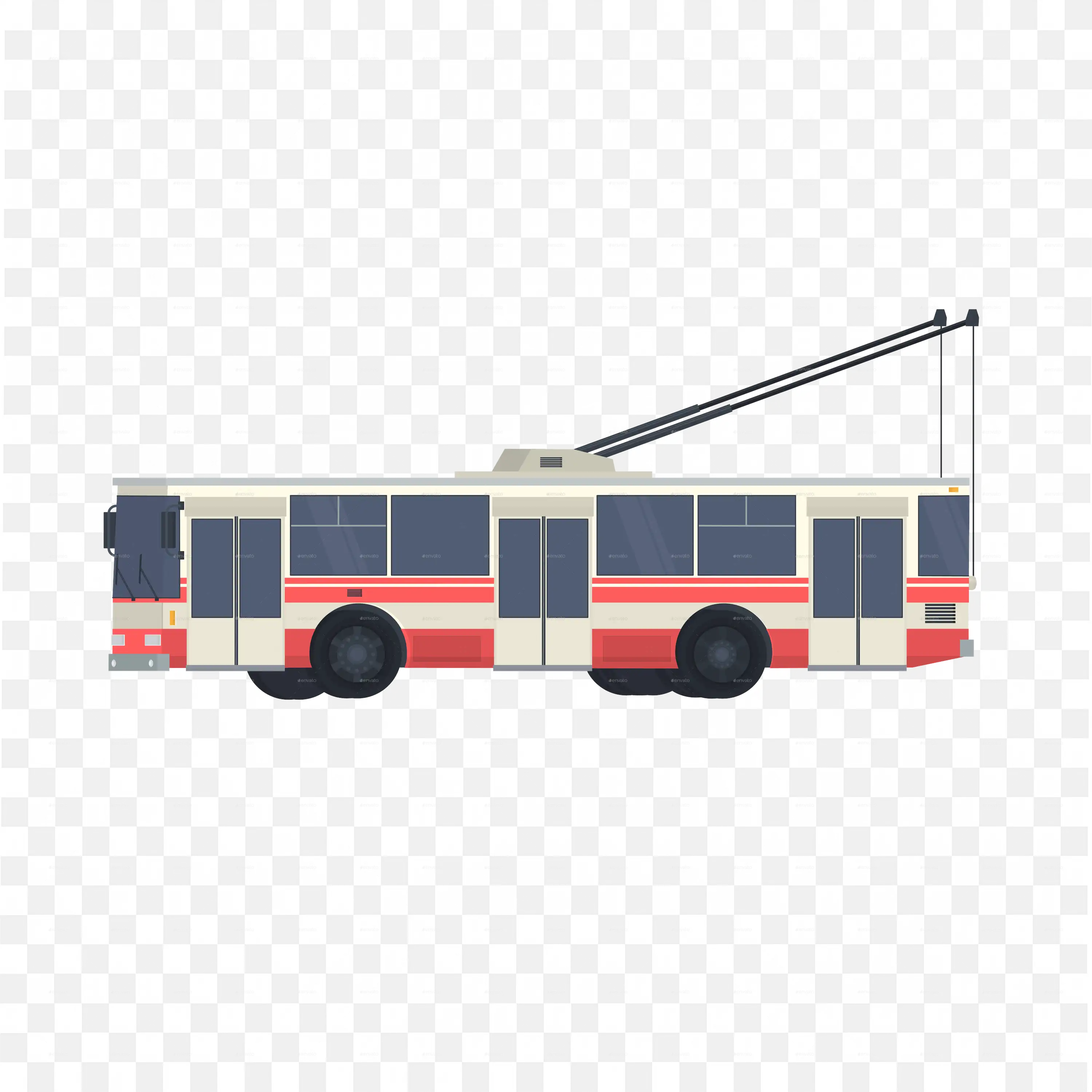 Red and White Trolleybus with Dual Trolley Poles Free PNG