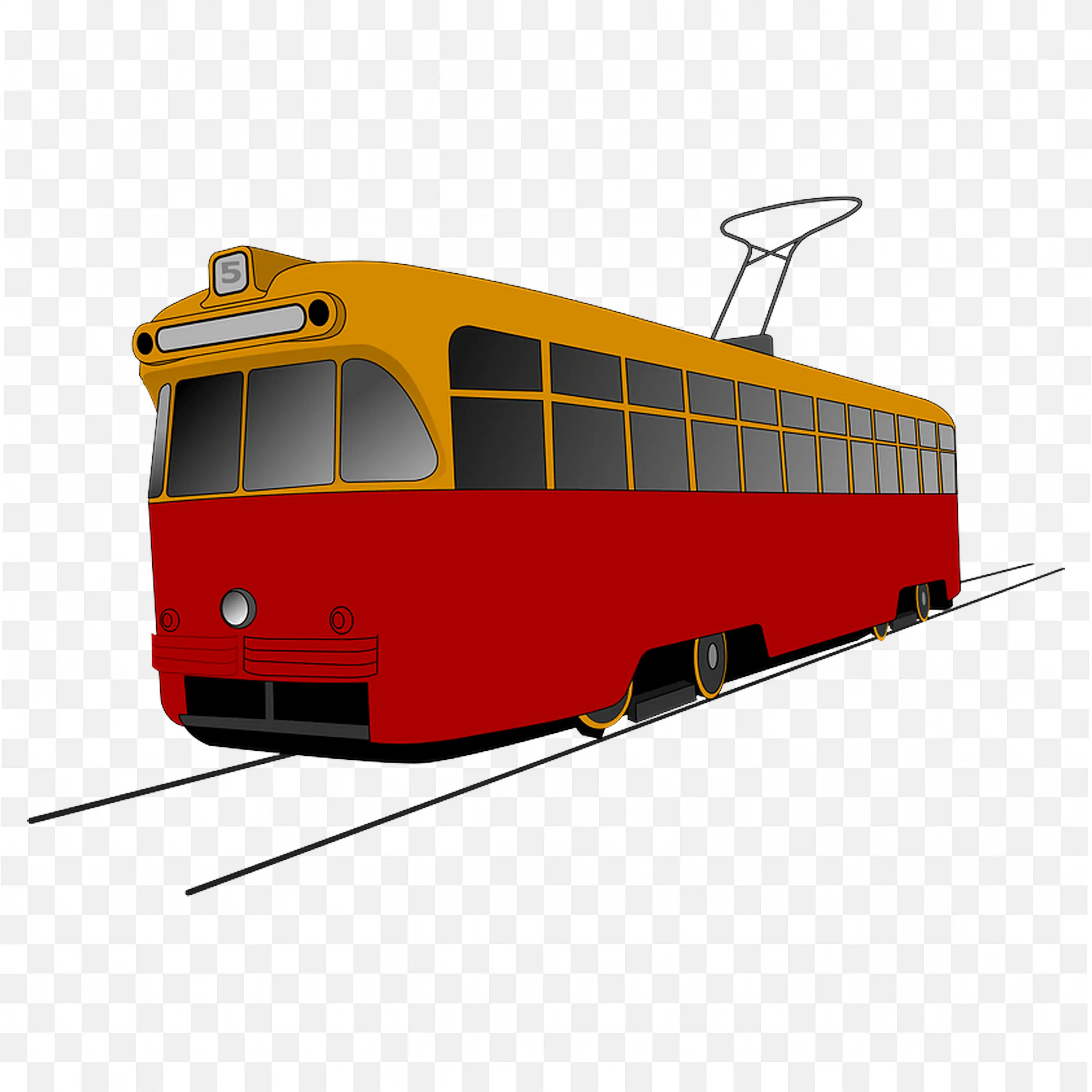 Red and Yellow Electric Streetcar Moving On City Tracks PNG