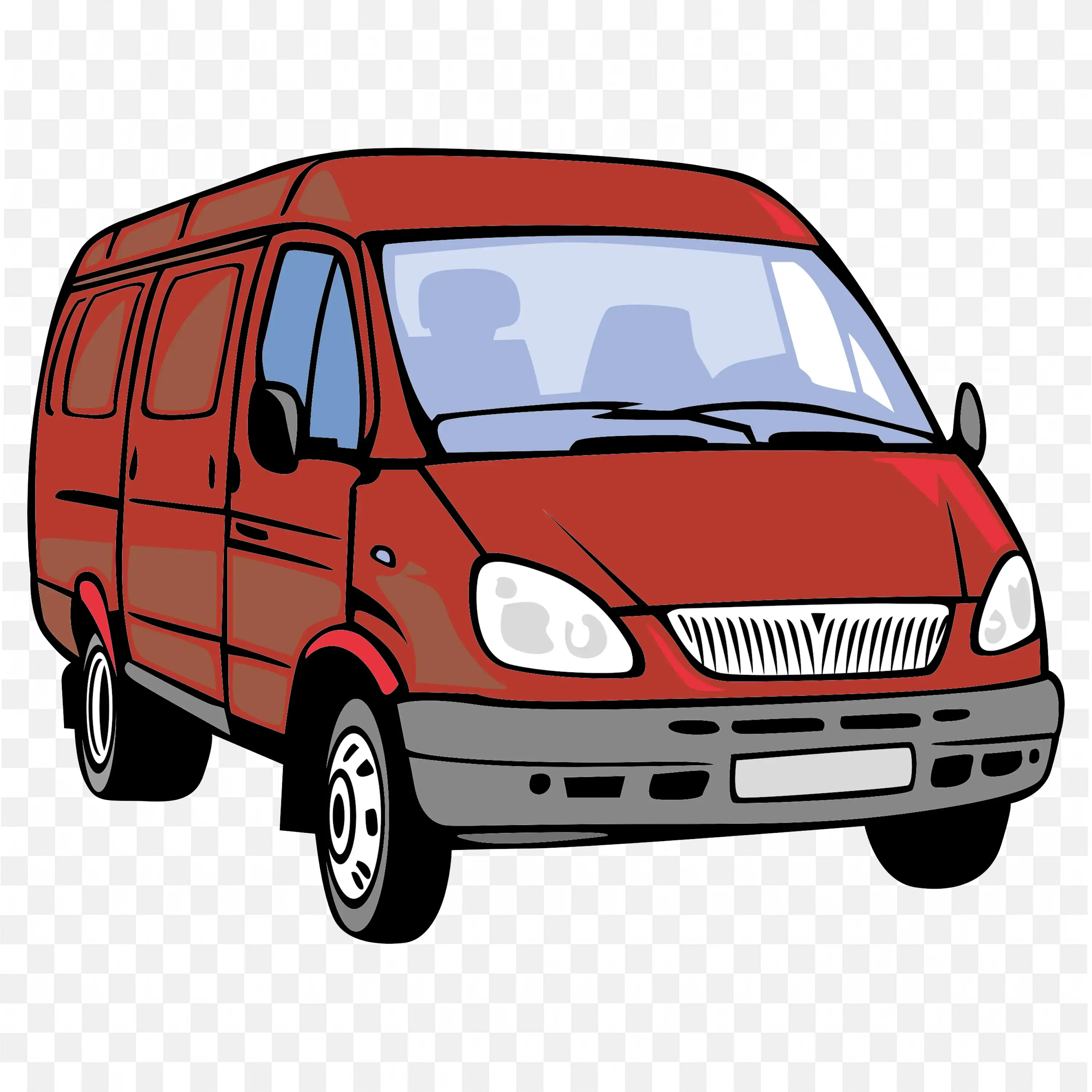 Red Delivery Van With Large Windows and Headlights PNG