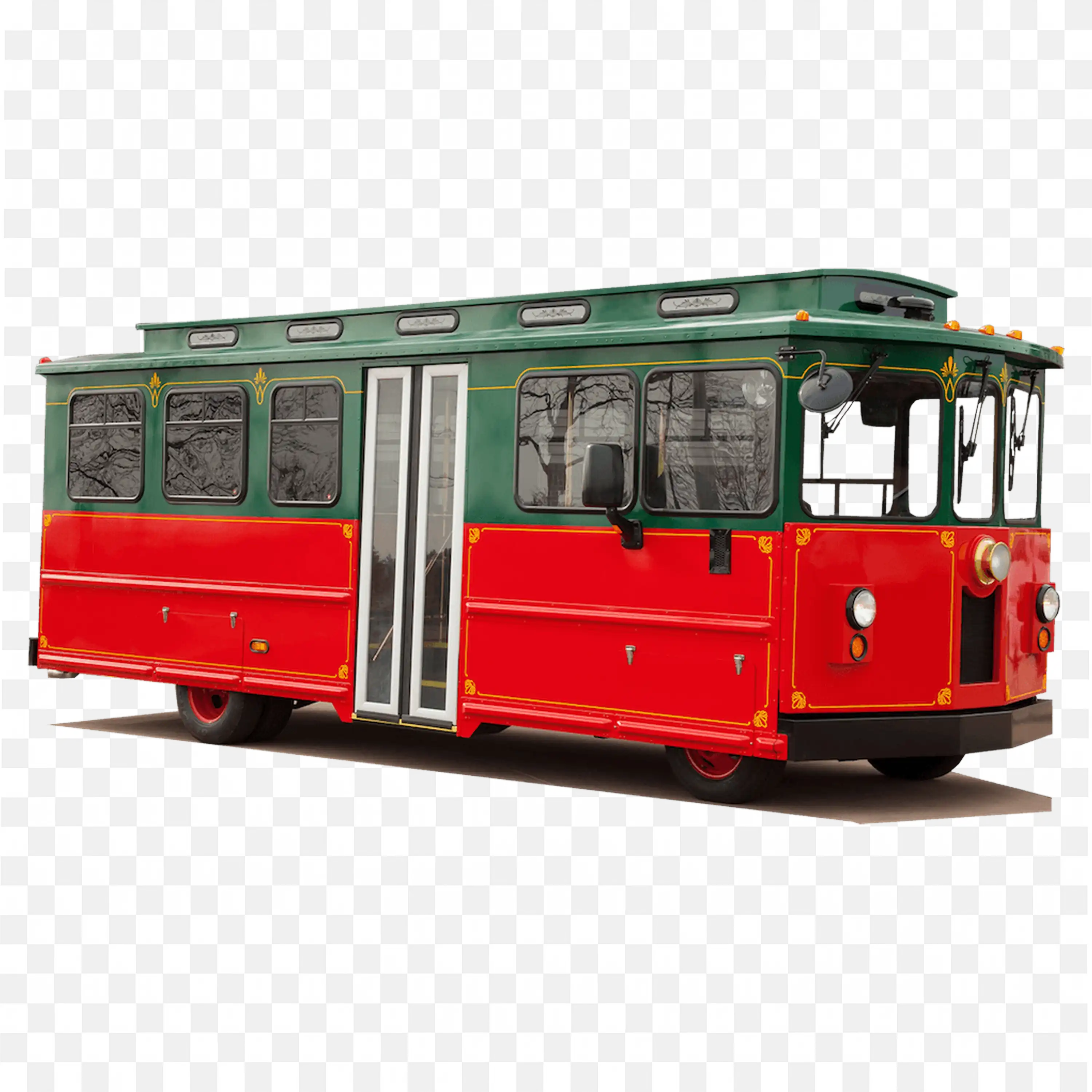 Red Trolley Bus with Green Roof and Side Windows Free PNG
