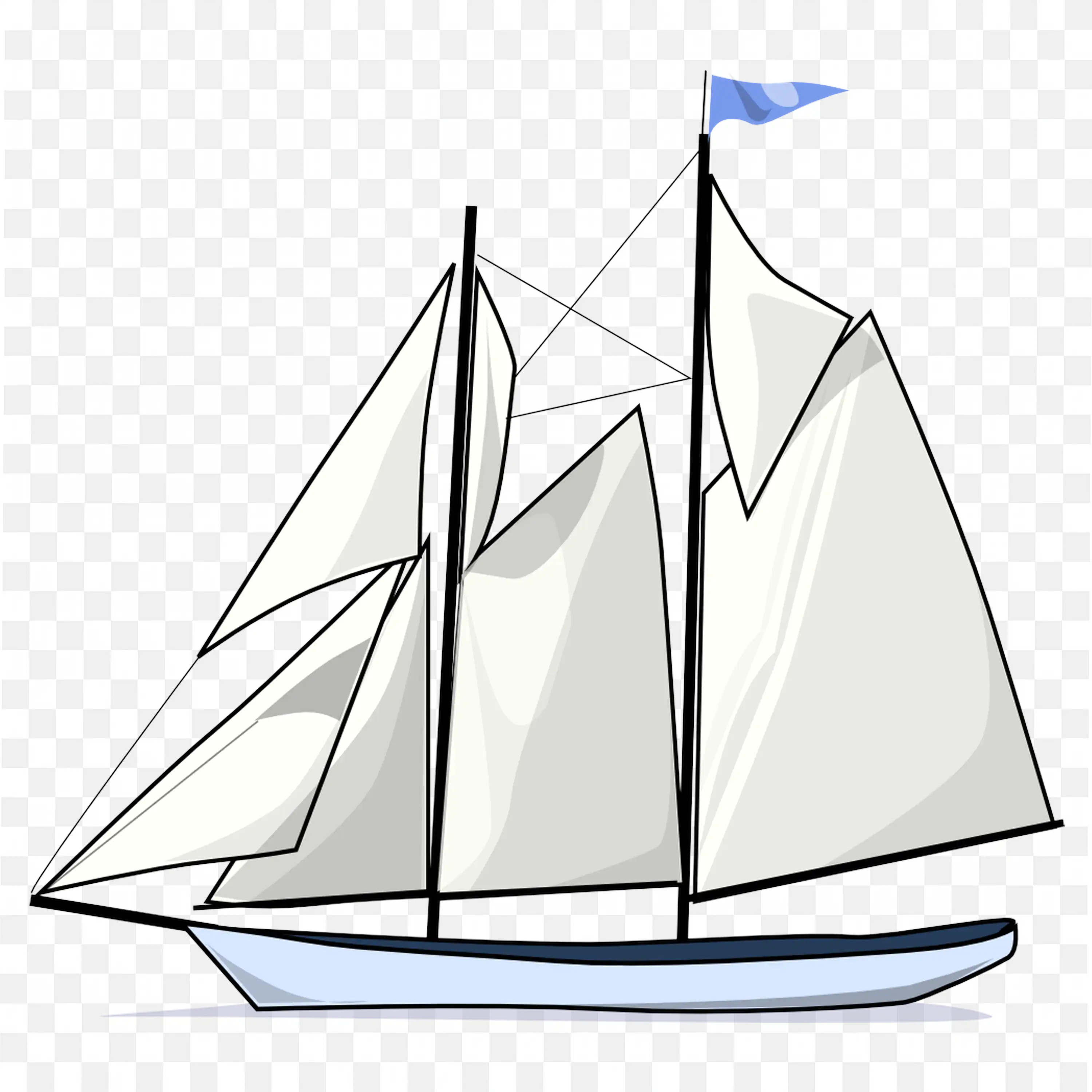 Schooner Sailboat with Multiple White Sails and Blue Flag