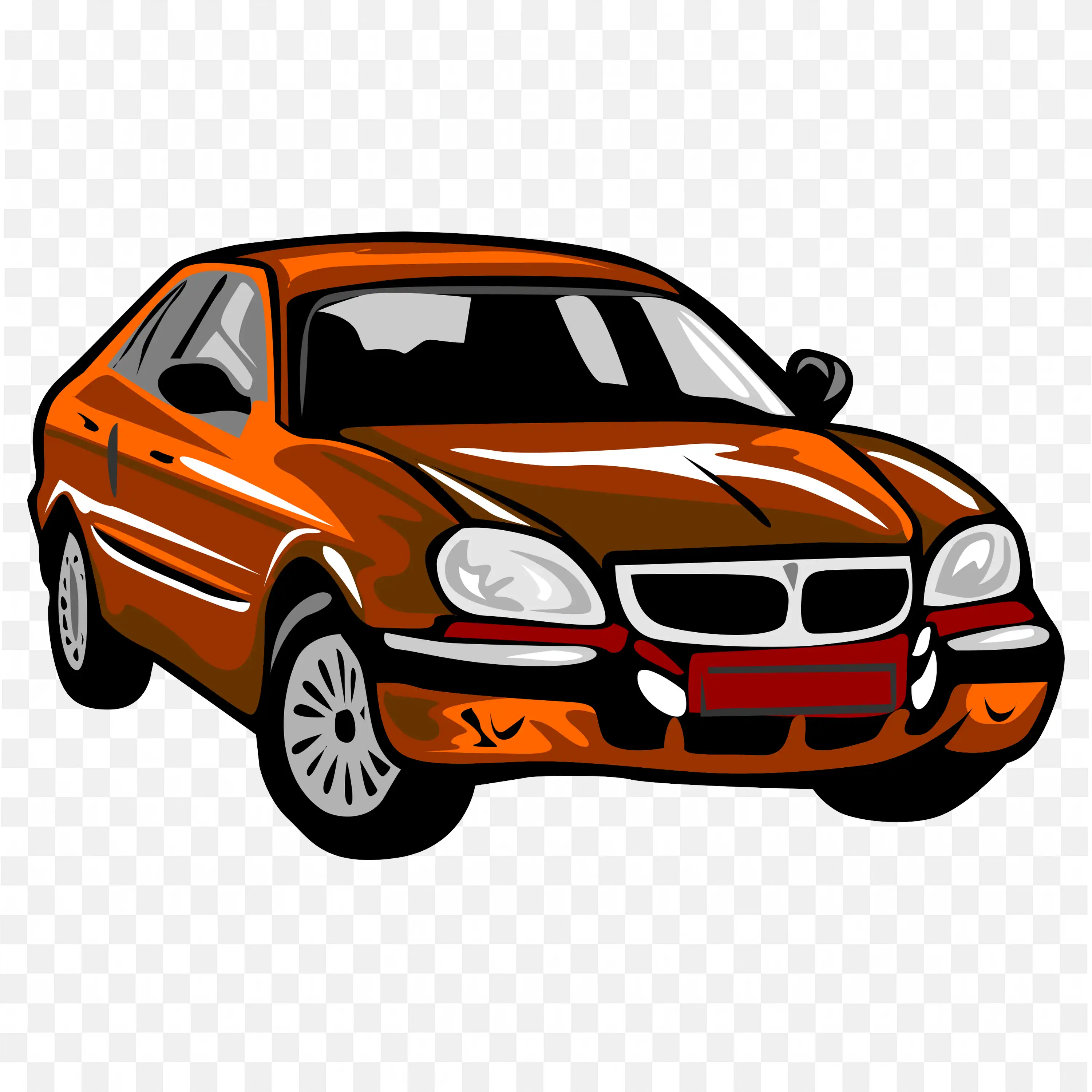Shiny Orange Sedan Car With Detailed Front and Side View PNG